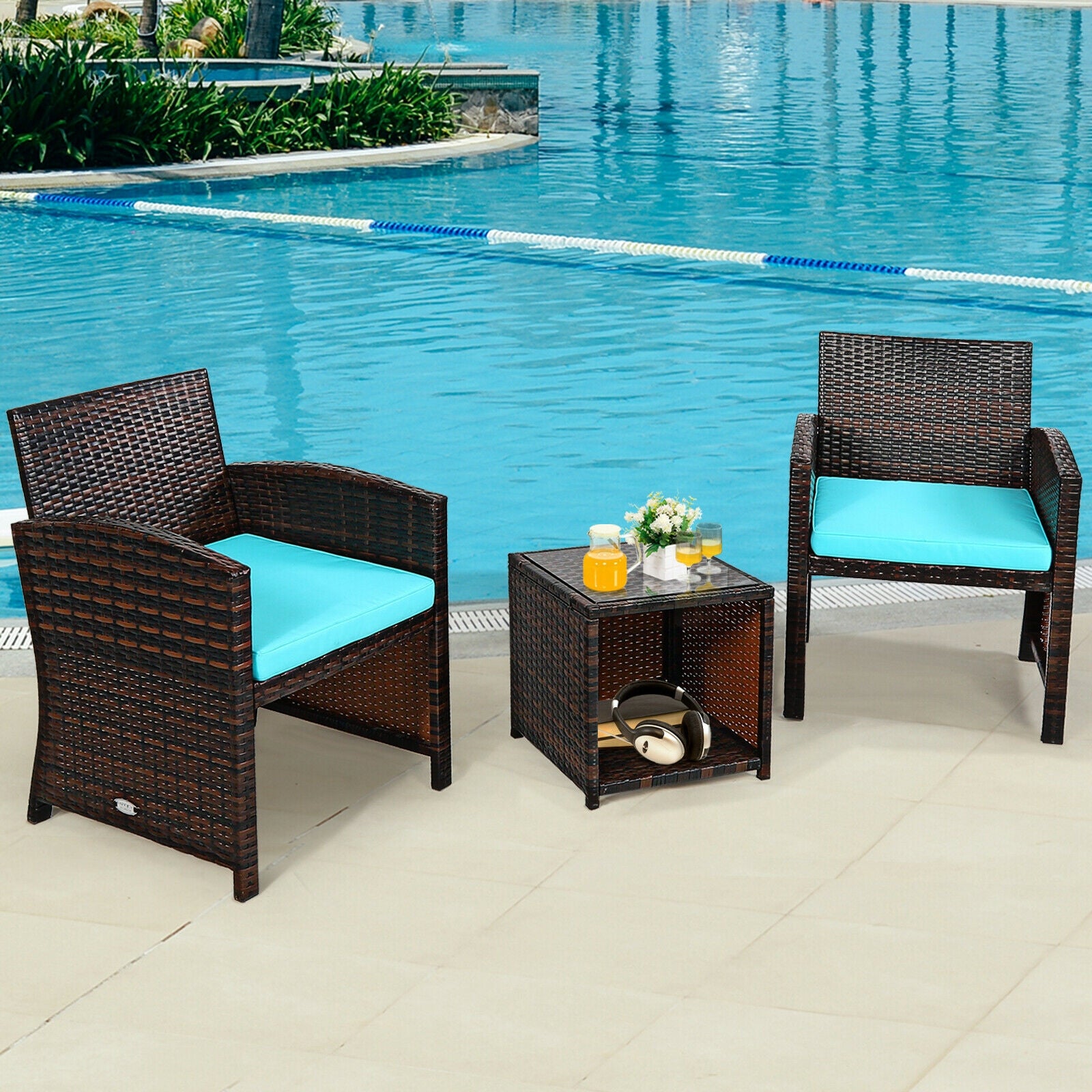 3 Pieces PE Rattan Wicker Furniture Set with Cushion Sofa Coffee Table for Garden-TurquoiseÂ