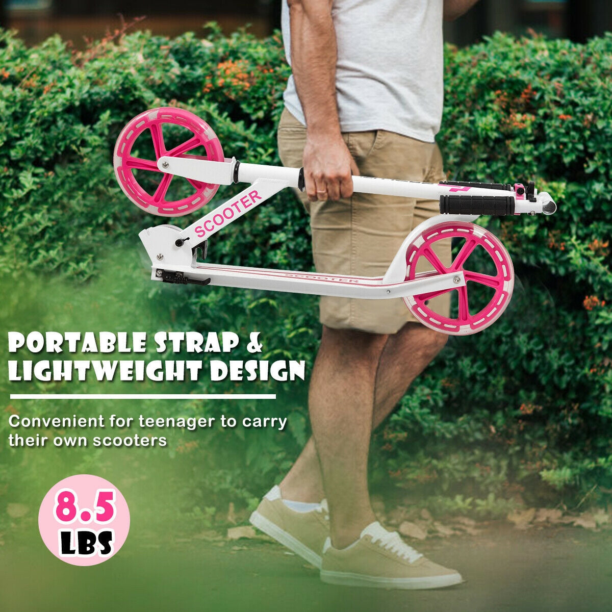 Portable Folding Sports Kick Scooter with LED Wheels-PinkÂ