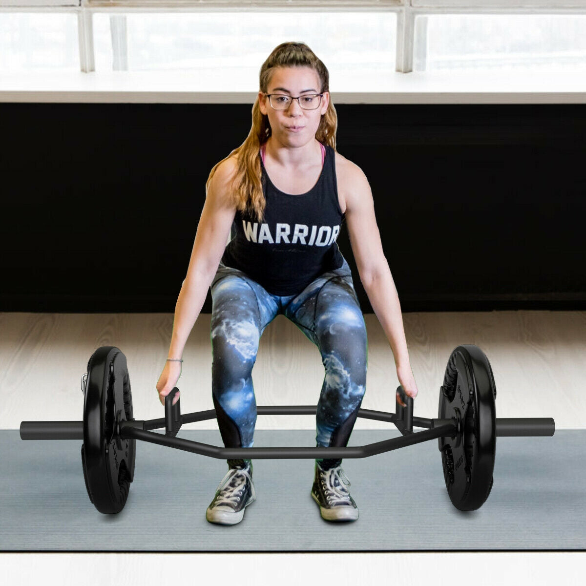 56 Inch Olympic Hexagon Deadlift Trap Bar with Folding Grips Powerlifting-BlackÂ