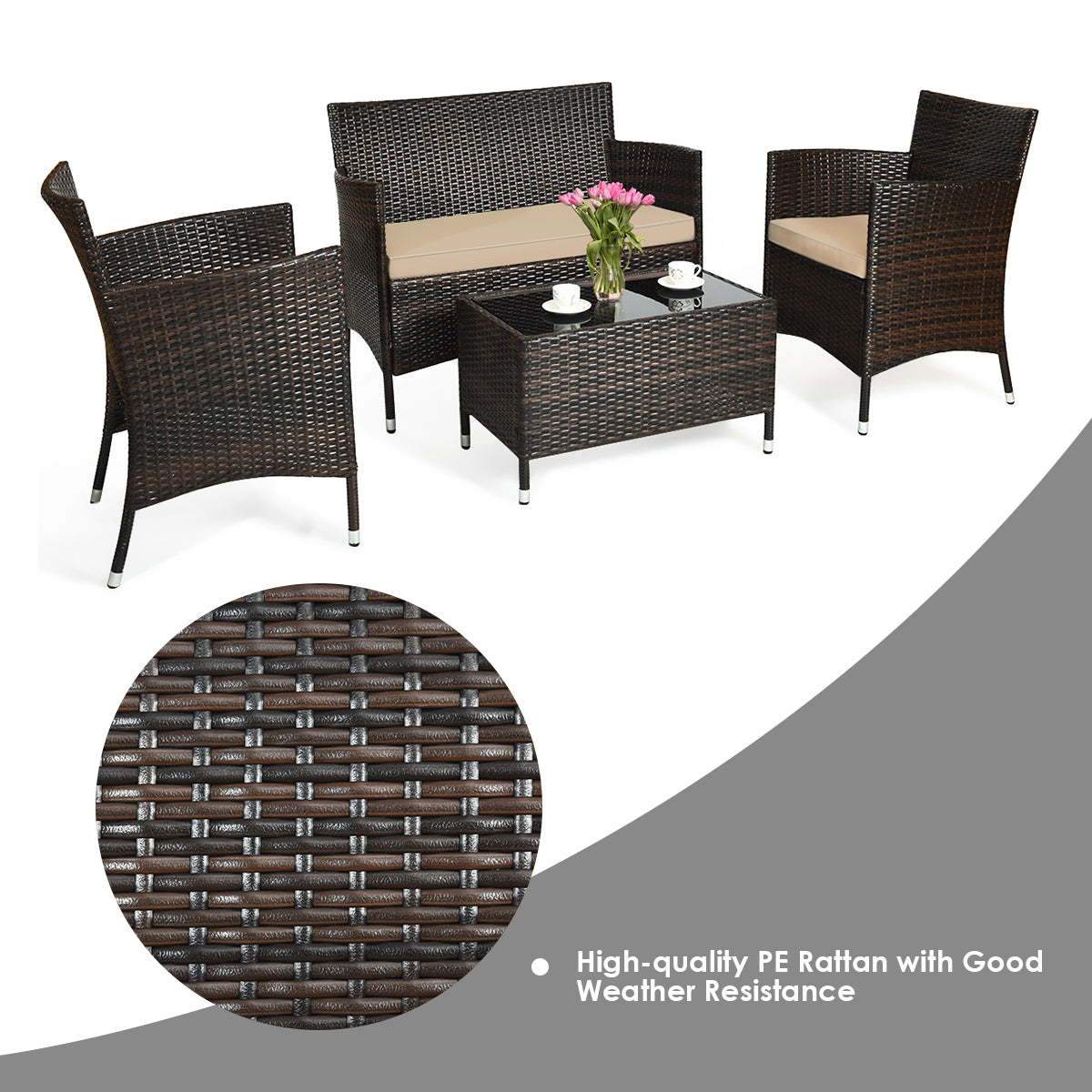 4 Pieces Comfortable Outdoor Rattan Sofa Set with Glass Coffee Table-Light BrownÂ