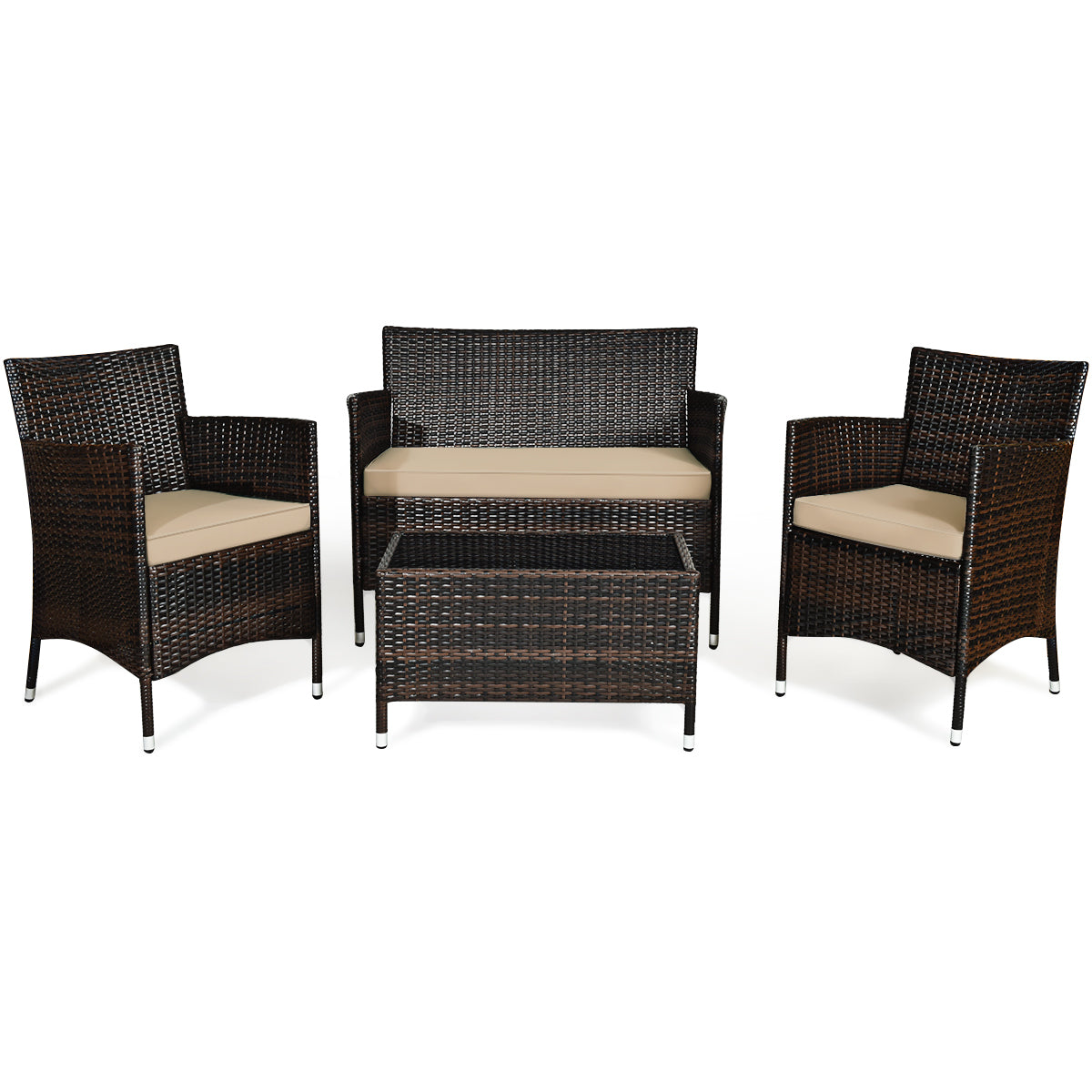 4 Pieces Comfortable Outdoor Rattan Sofa Set with Glass Coffee Table-Light BrownÂ