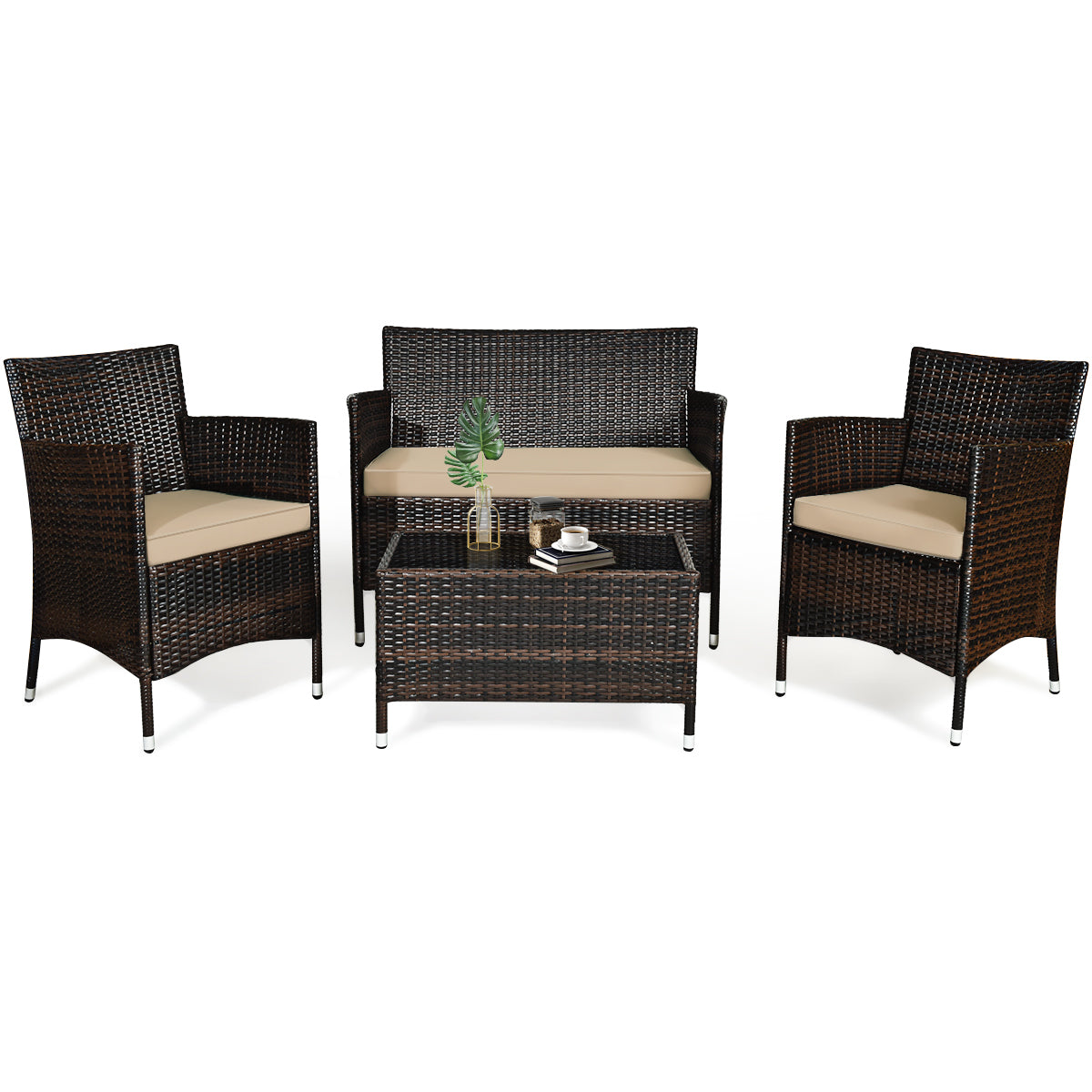 4 Pieces Comfortable Outdoor Rattan Sofa Set with Glass Coffee Table-Light BrownÂ