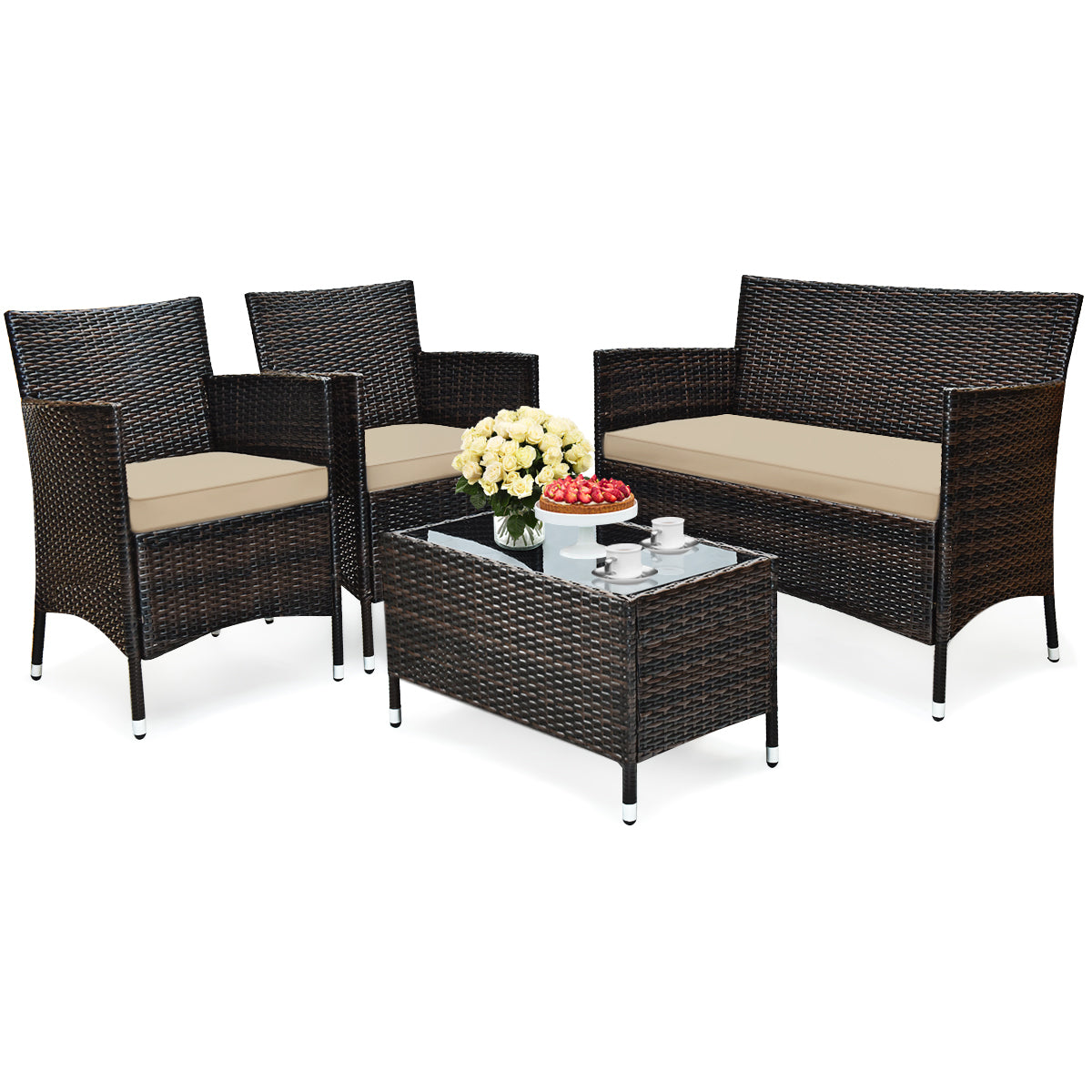 4 Pieces Comfortable Outdoor Rattan Sofa Set with Glass Coffee Table-Light BrownÂ