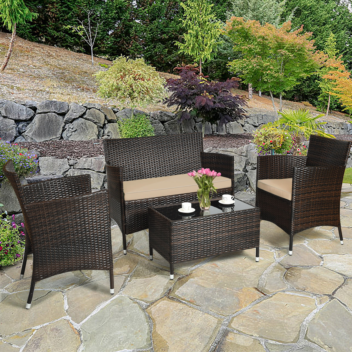 4 Pieces Comfortable Outdoor Rattan Sofa Set with Glass Coffee Table-Light BrownÂ