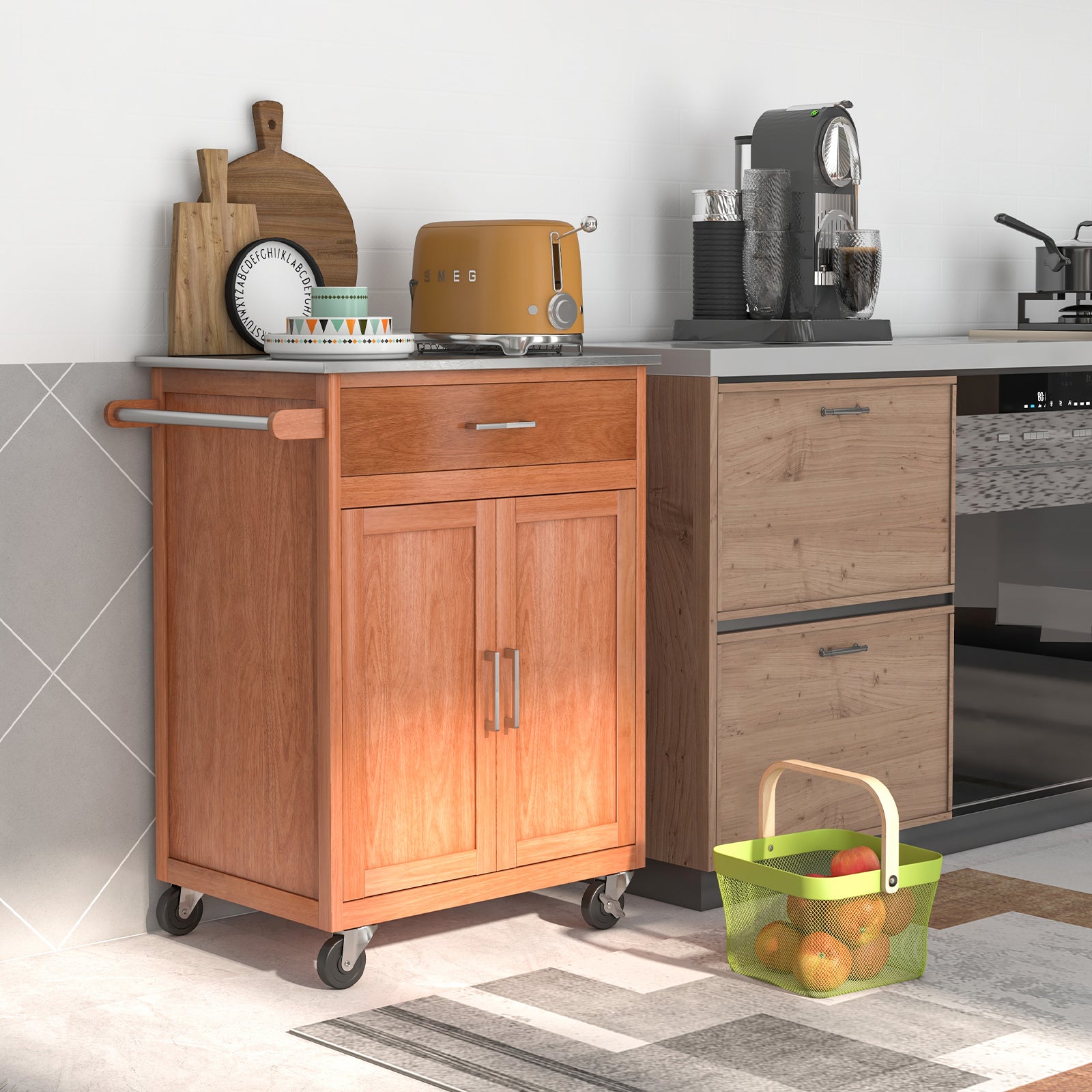 Wooden Kitchen Rolling Storage Cabinet with Stainless Steel TopÂ
