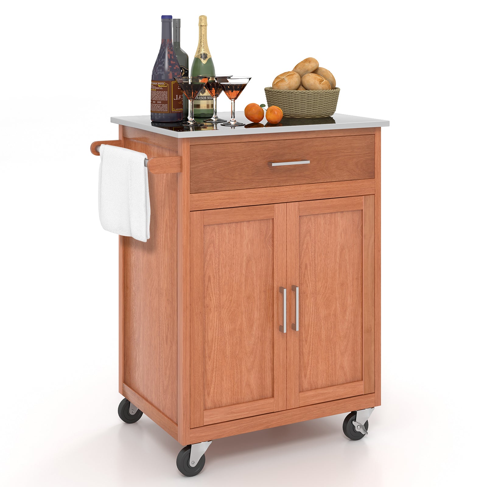 Wooden Kitchen Rolling Storage Cabinet with Stainless Steel TopÂ