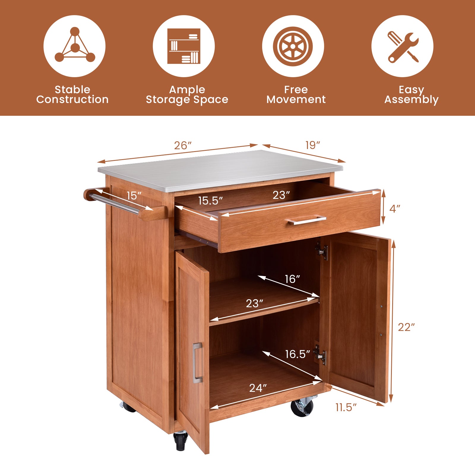 Wooden Kitchen Rolling Storage Cabinet with Stainless Steel TopÂ