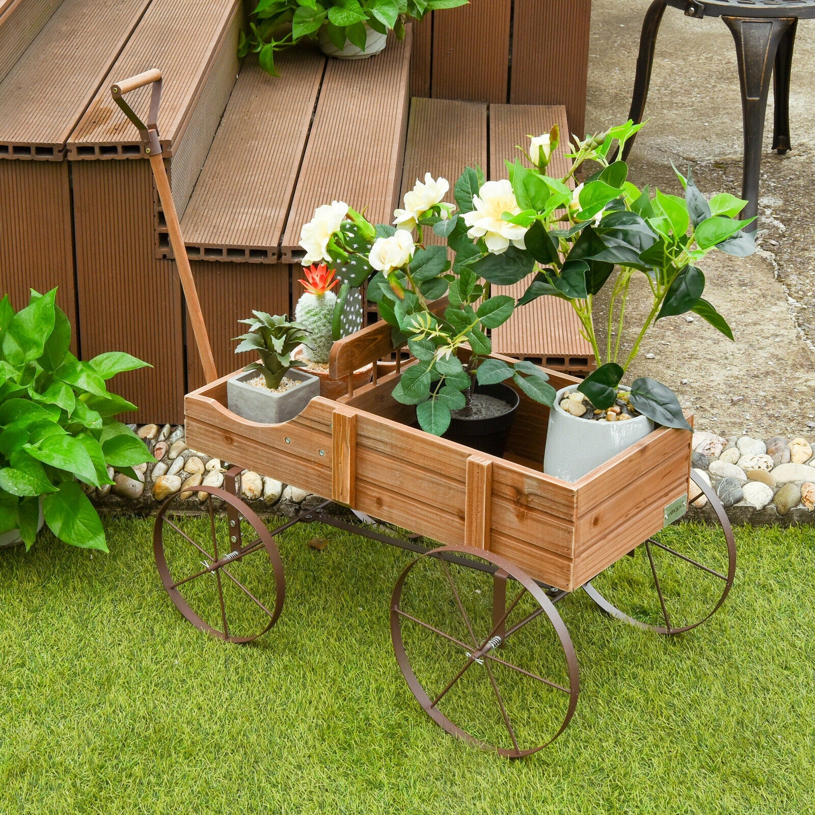 Wooden Wagon Plant Bed With Wheel for Garden Yard-BrownÂ
