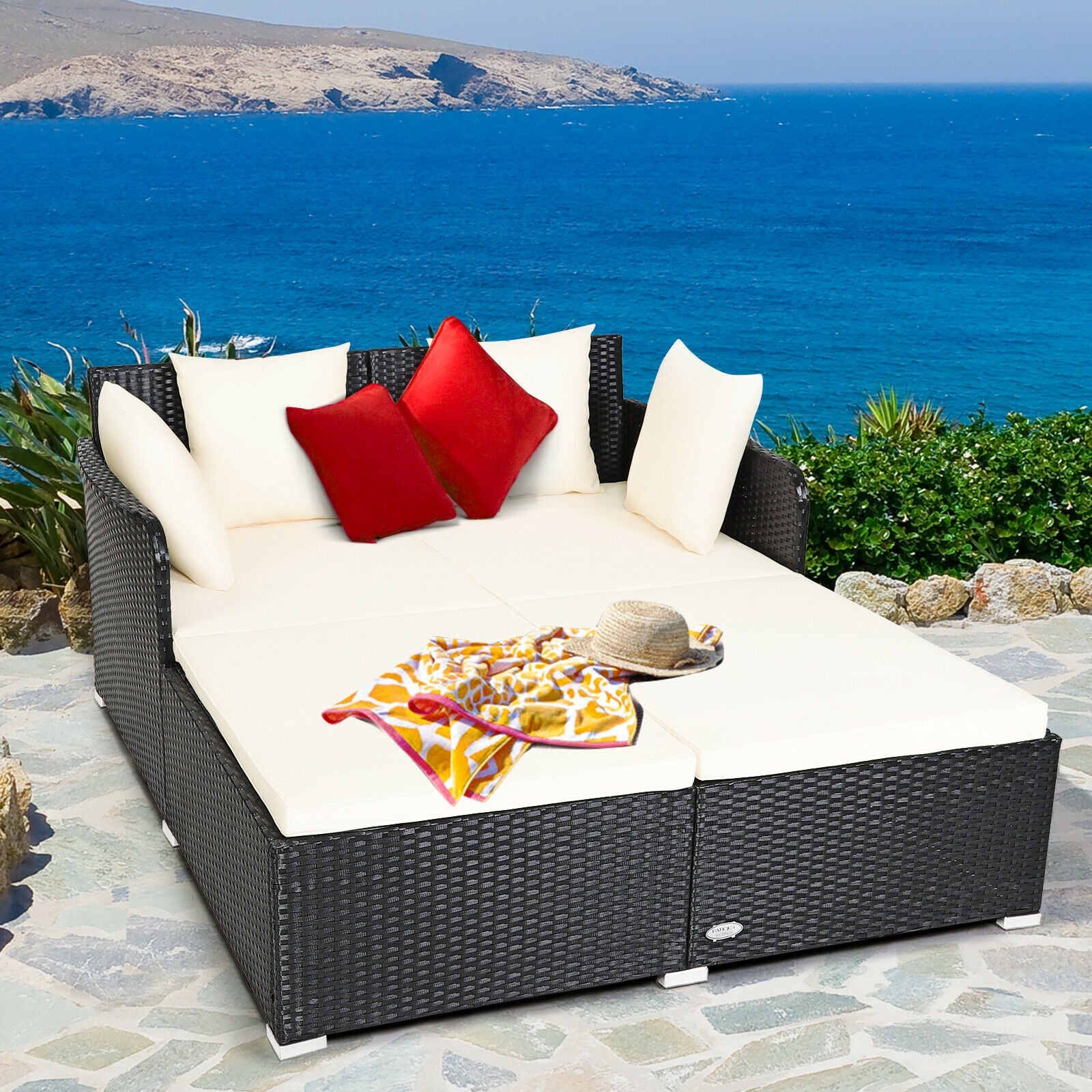 Spacious Outdoor Rattan Daybed with Upholstered Cushions and Pillows-WhiteÂ