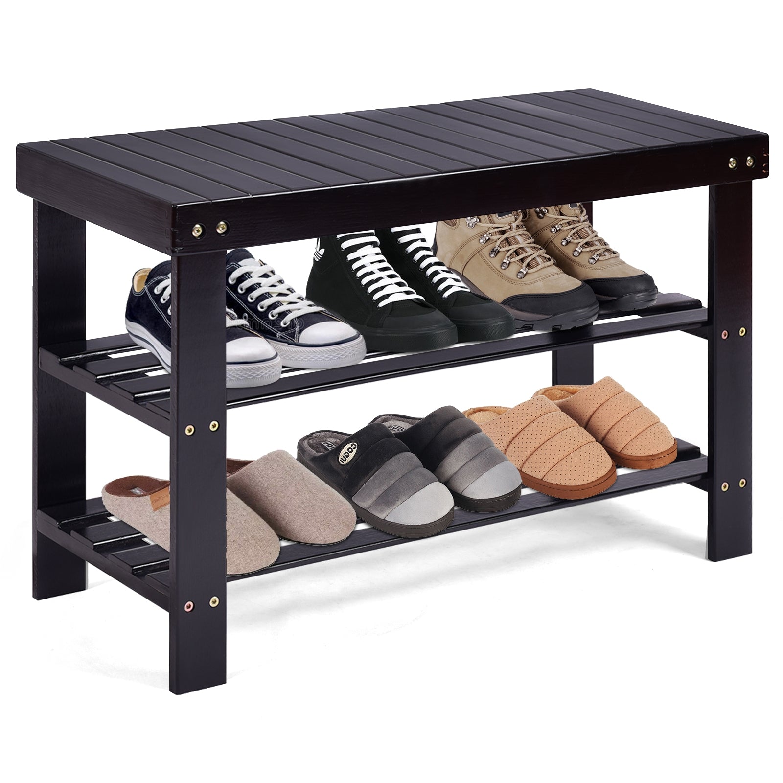 3 Tier Bamboo Bench Storage Shoe Shelf-BlackÂ