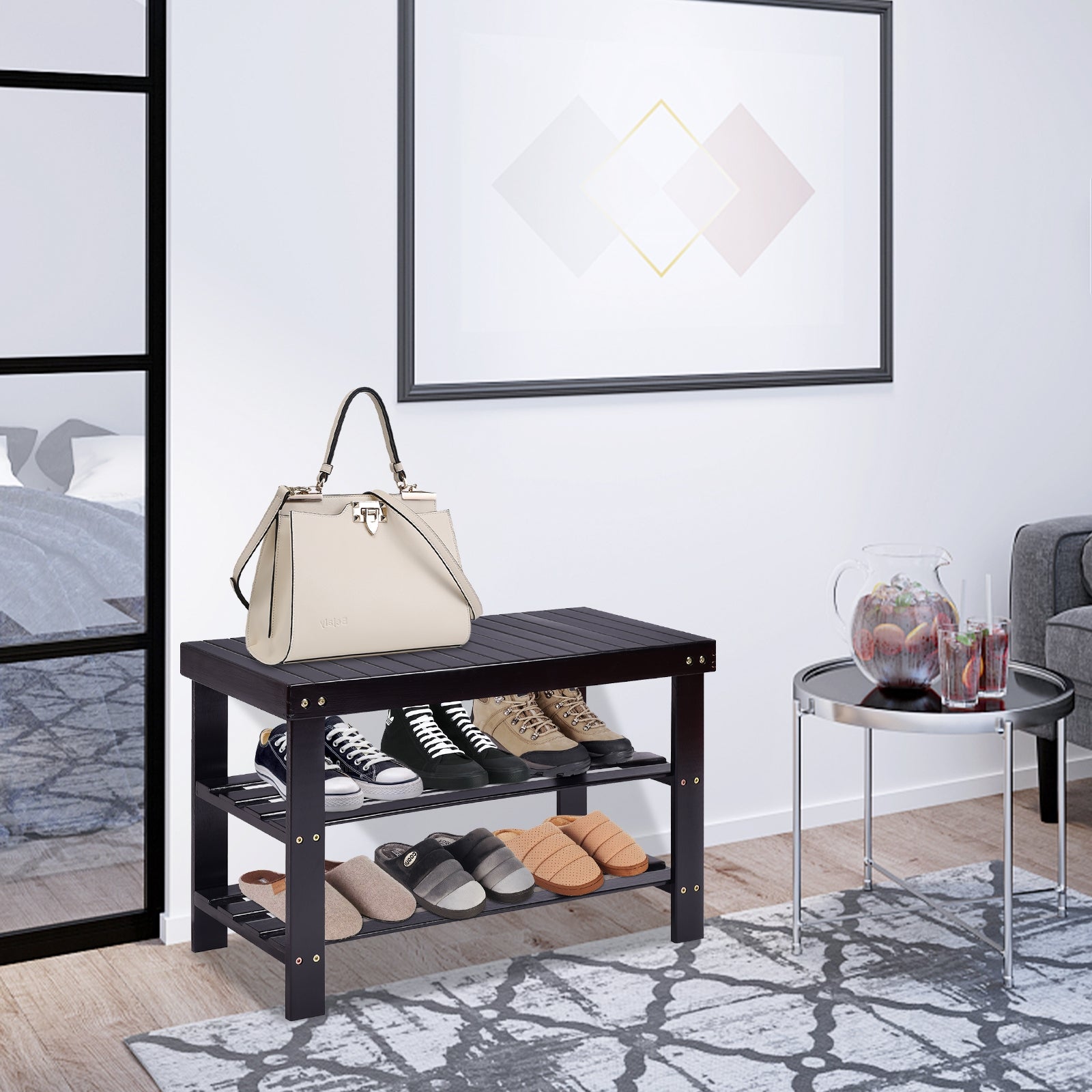 3 Tier Bamboo Bench Storage Shoe Shelf-BlackÂ