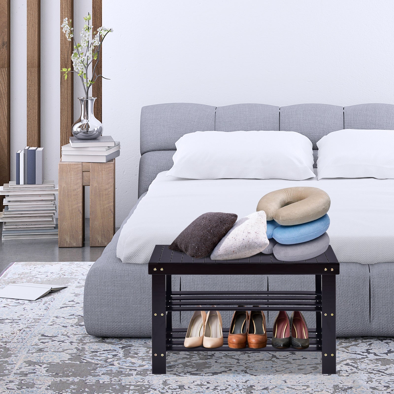 3 Tier Bamboo Bench Storage Shoe Shelf-BlackÂ