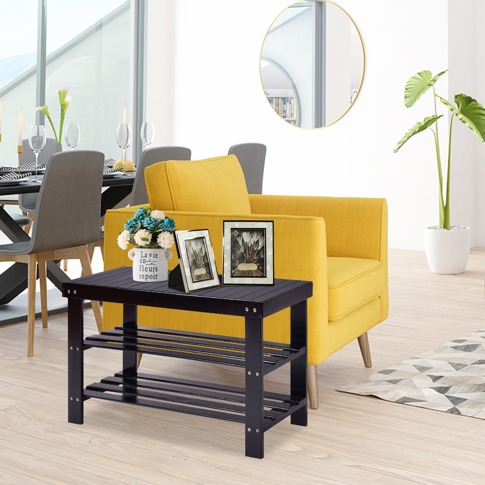 3 Tier Bamboo Bench Storage Shoe Shelf-BlackÂ
