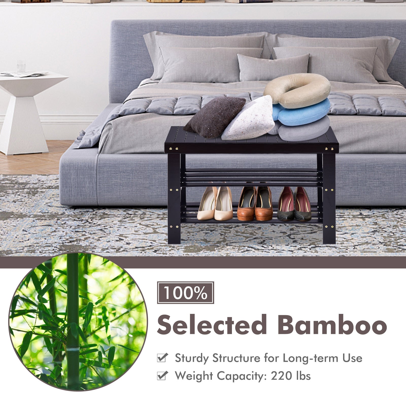 3 Tier Bamboo Bench Storage Shoe Shelf-BlackÂ