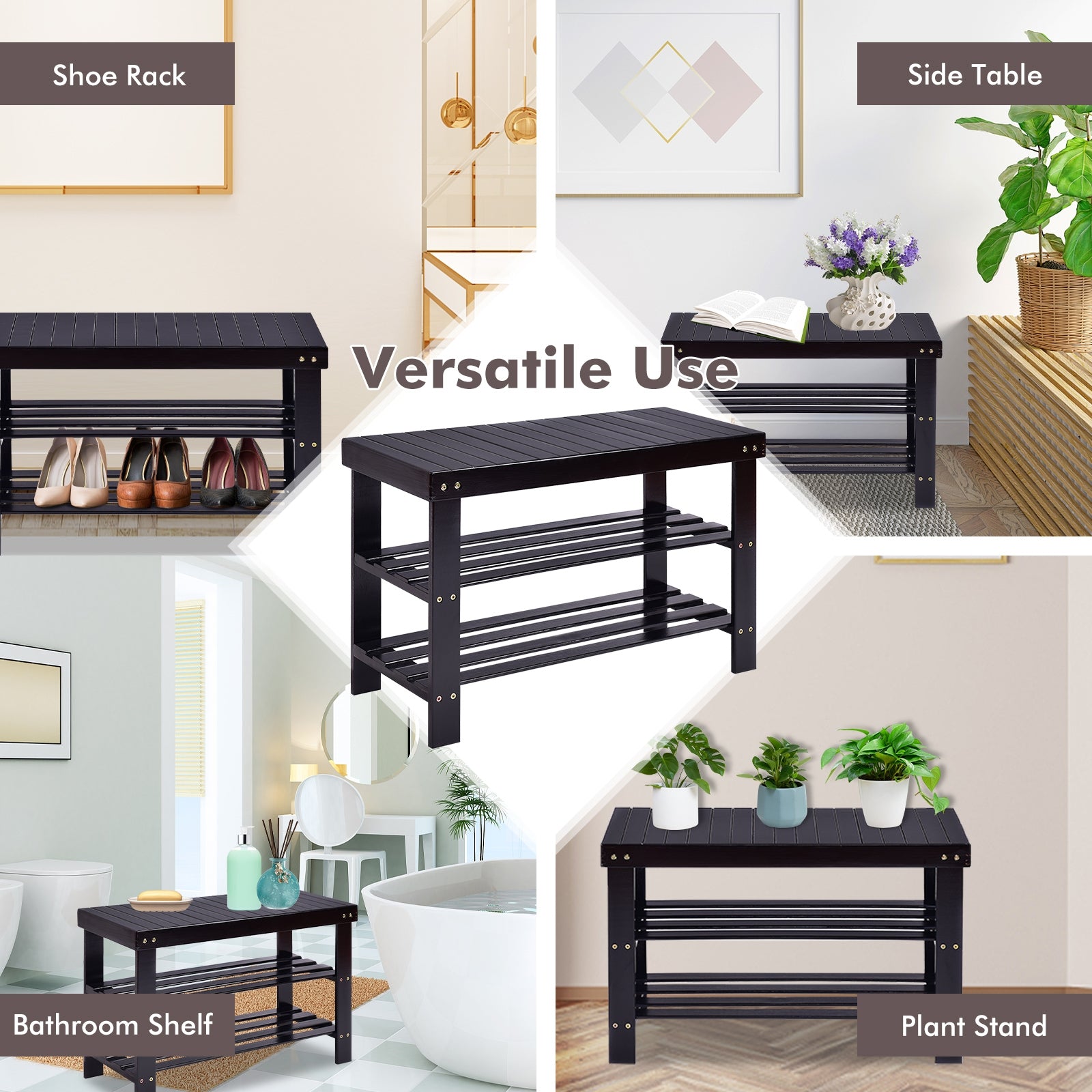 3 Tier Bamboo Bench Storage Shoe Shelf-BlackÂ