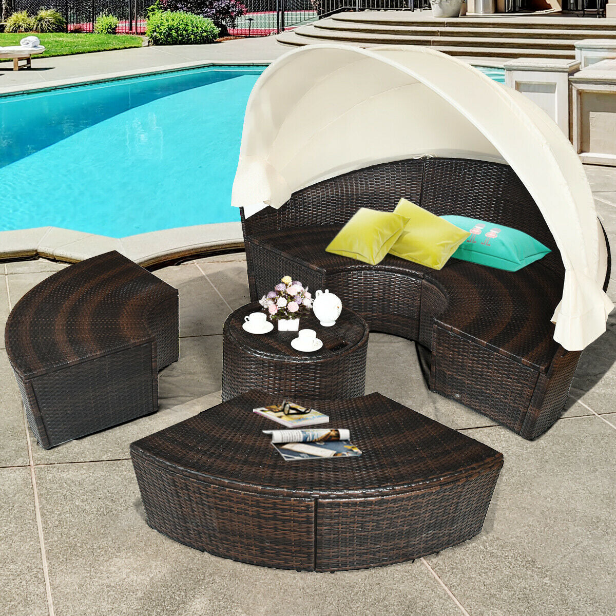 Patio Round Daybed Rattan Furniture Sets with CanopyÂ