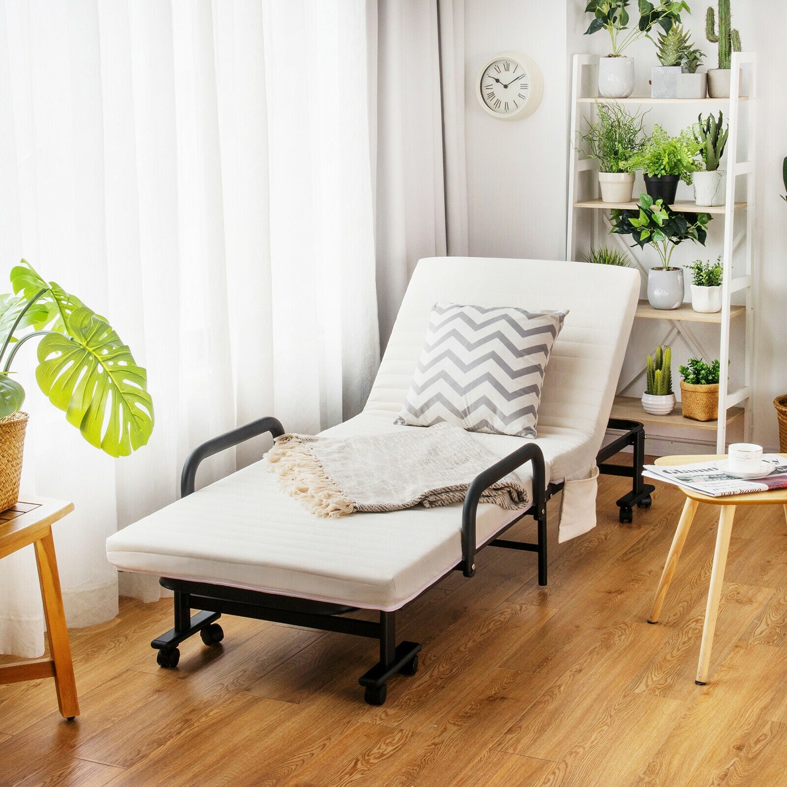 Folding Adjustable Guest Single Bed Lounge Portable with Wheels-WhiteÂ