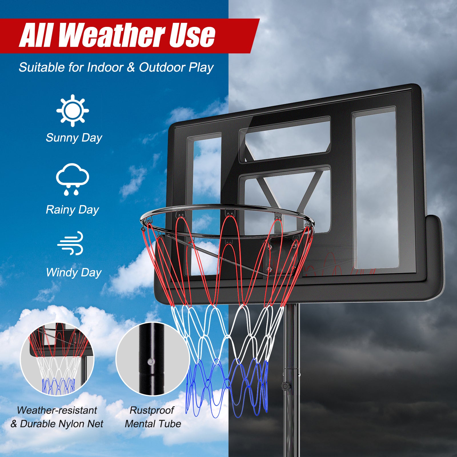 Height Adjustable Portable Shatterproof Backboard Basketball Hoop with 2 NetsÂ