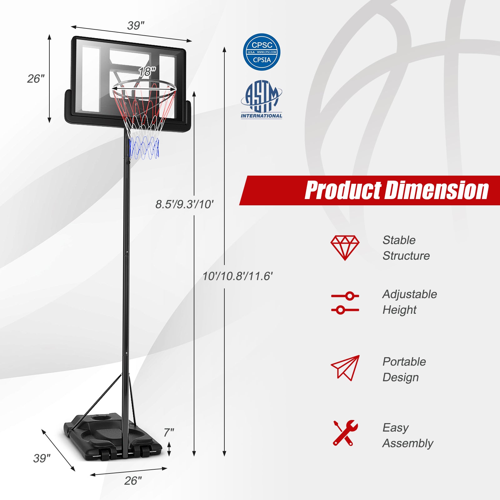 Height Adjustable Portable Shatterproof Backboard Basketball Hoop with 2 NetsÂ
