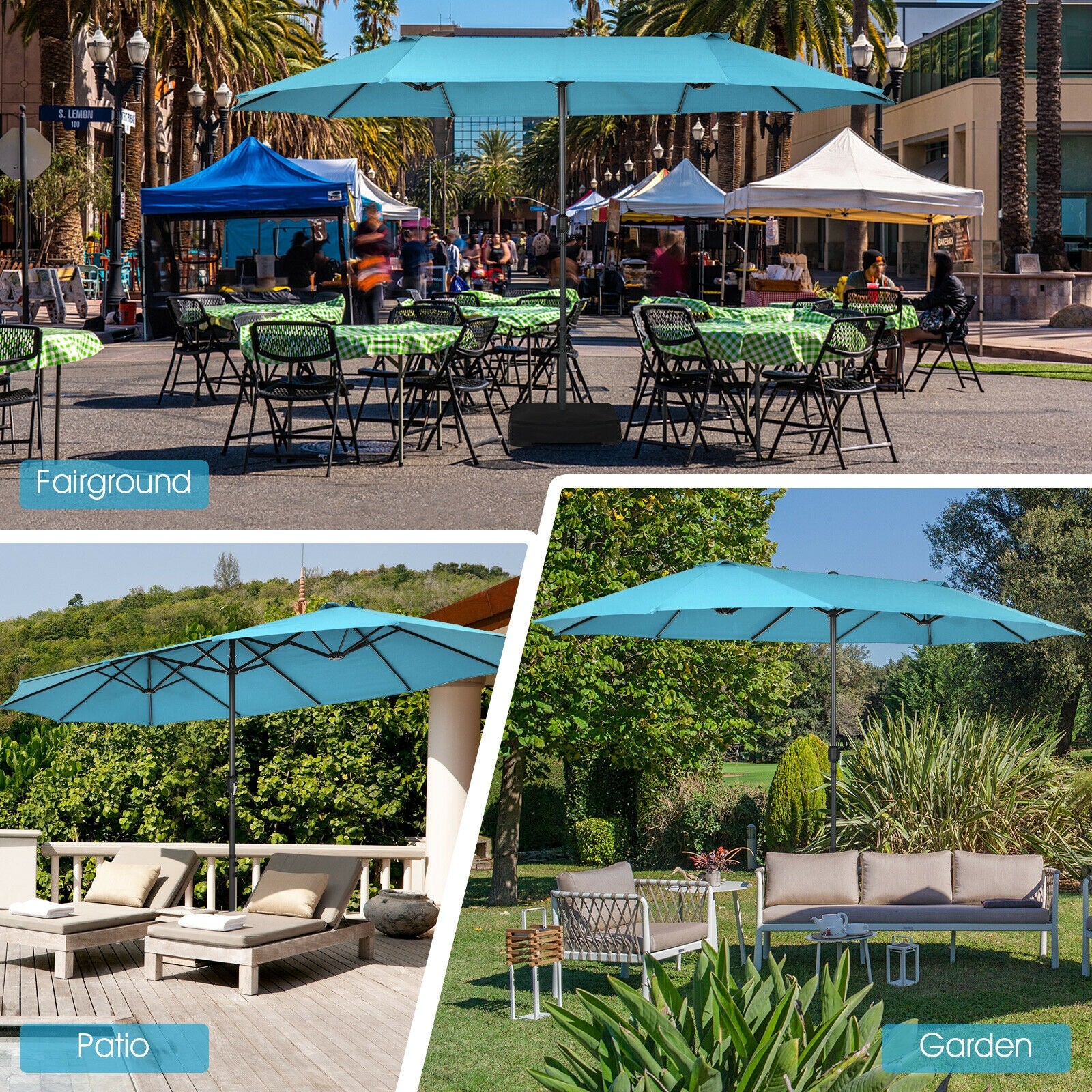 15 Feet Patio Double-Sided Umbrella with Hand-Crank System-Turquoise