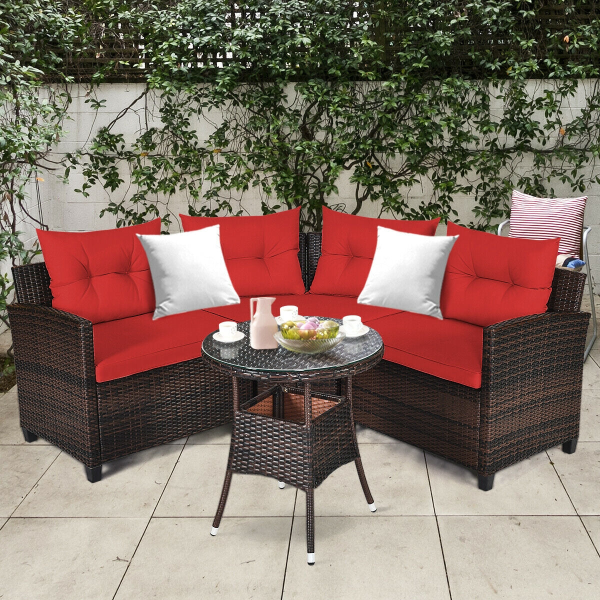 4 Pieces Outdoor Cushioned Rattan Furniture Set-RedÂ