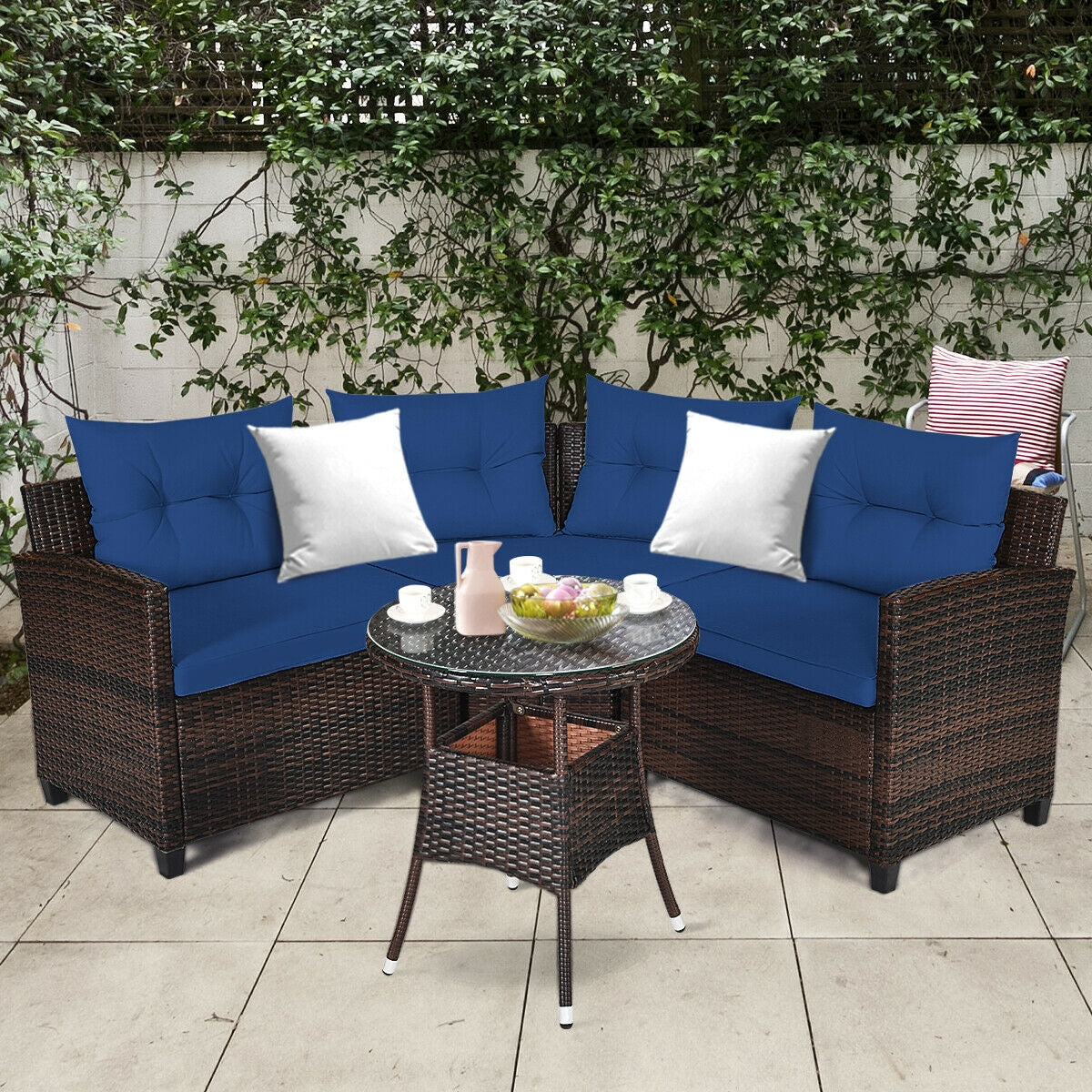 4 Pieces Outdoor Cushioned Rattan Furniture Set-NavyÂ