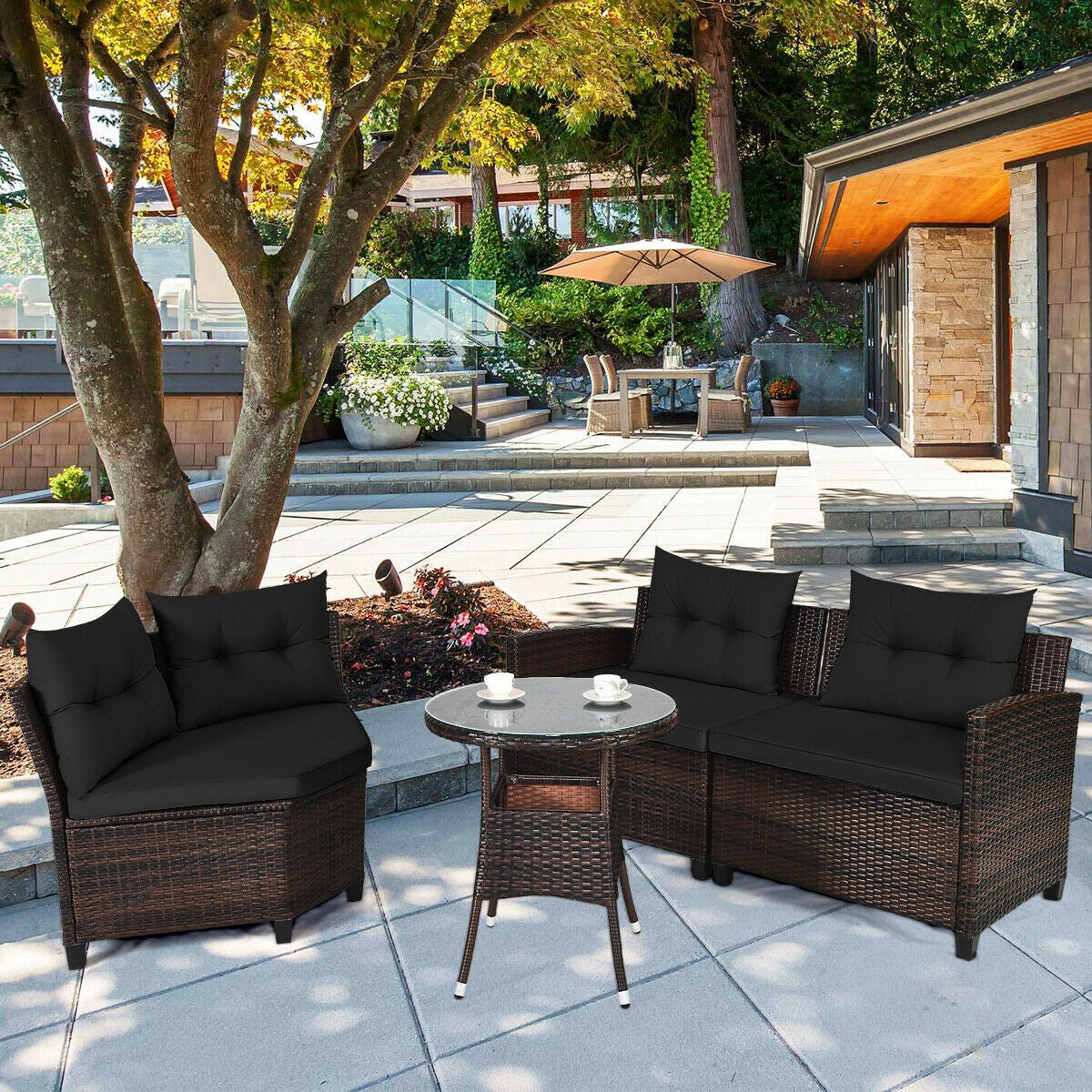 4 Pieces Outdoor Cushioned Rattan Furniture Set-BlackÂ