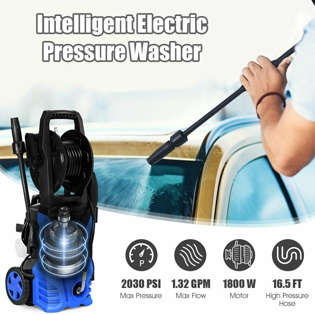 1800W 2030PSI Electric Pressure Washer Cleaner with Hose Reel-BlueÂ