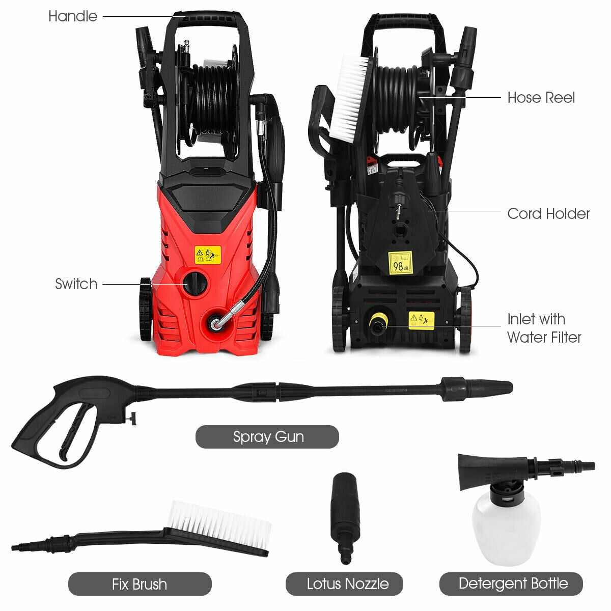 1800W 2030PSI Electric Pressure Washer Cleaner with Hose Reel-RedÂ