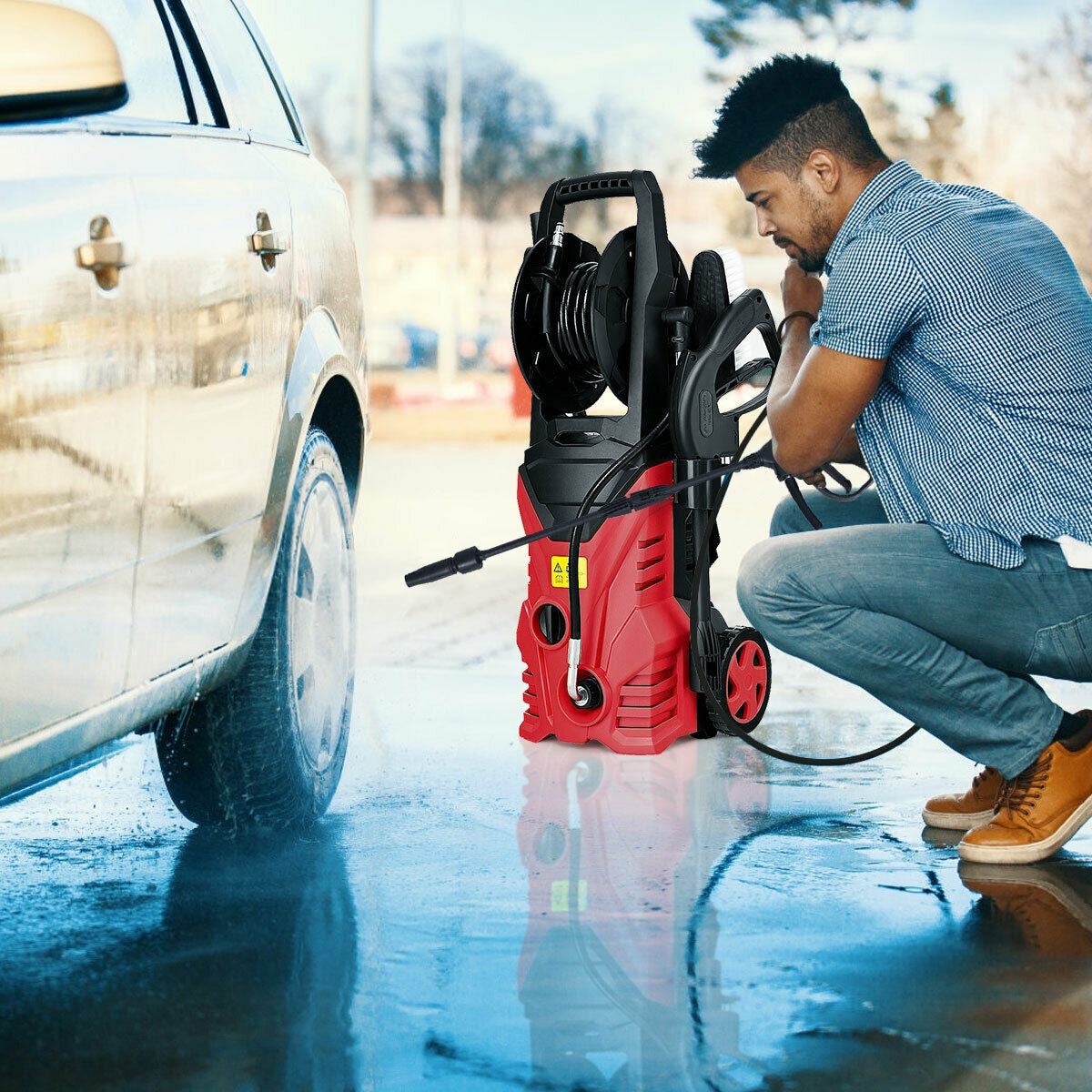 1800W 2030PSI Electric Pressure Washer Cleaner with Hose Reel-RedÂ