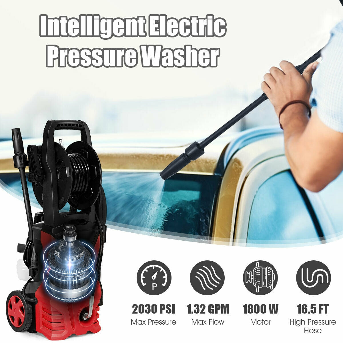 1800W 2030PSI Electric Pressure Washer Cleaner with Hose Reel-RedÂ