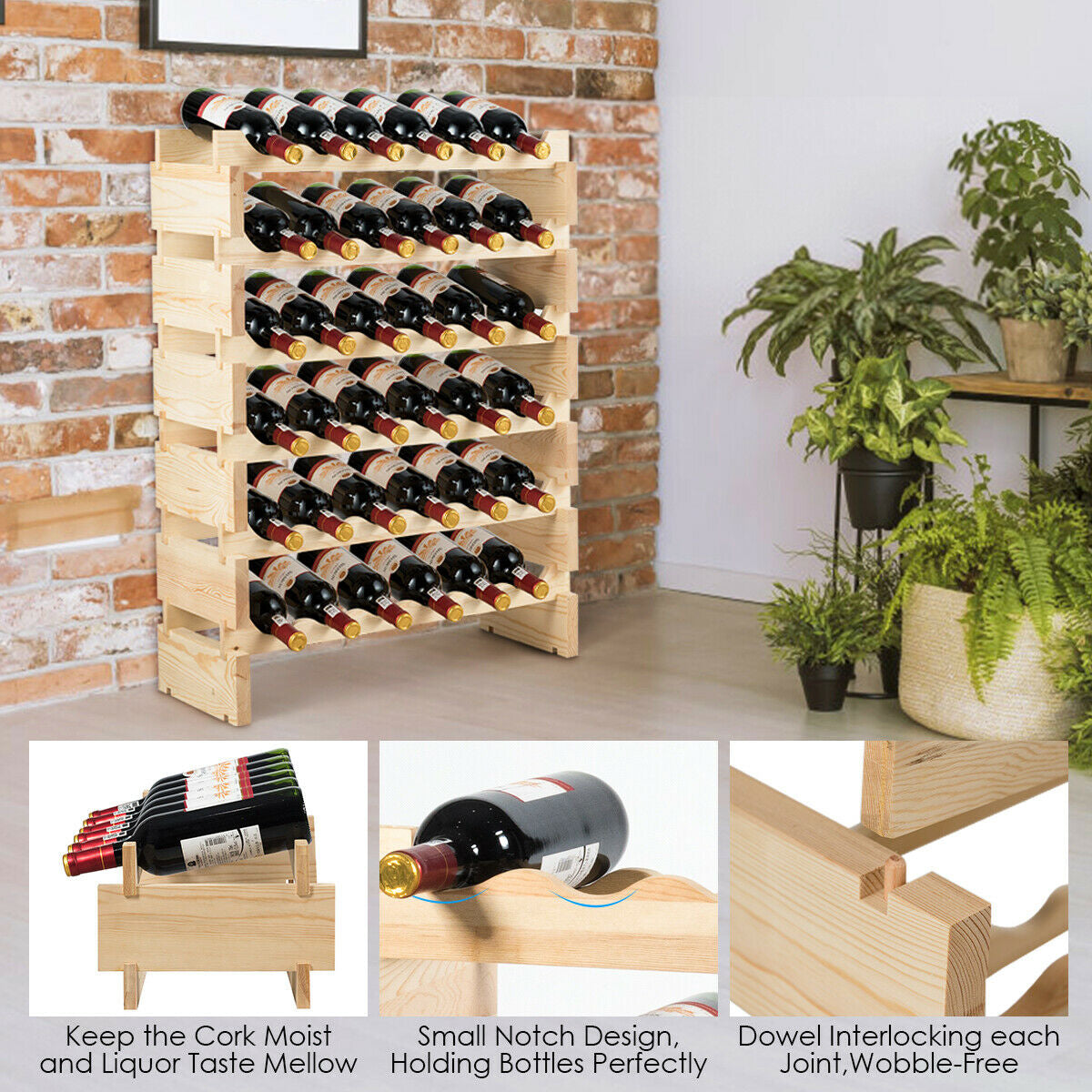 36 Bottles Stackable Wooden Wobble-Free Modular Wine RackÂ