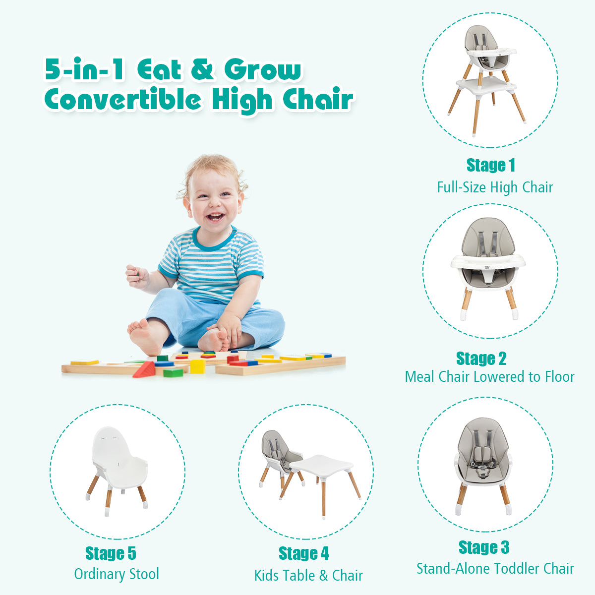 5-in-1 Baby Wooden Convertible High Chair -GrayÂ