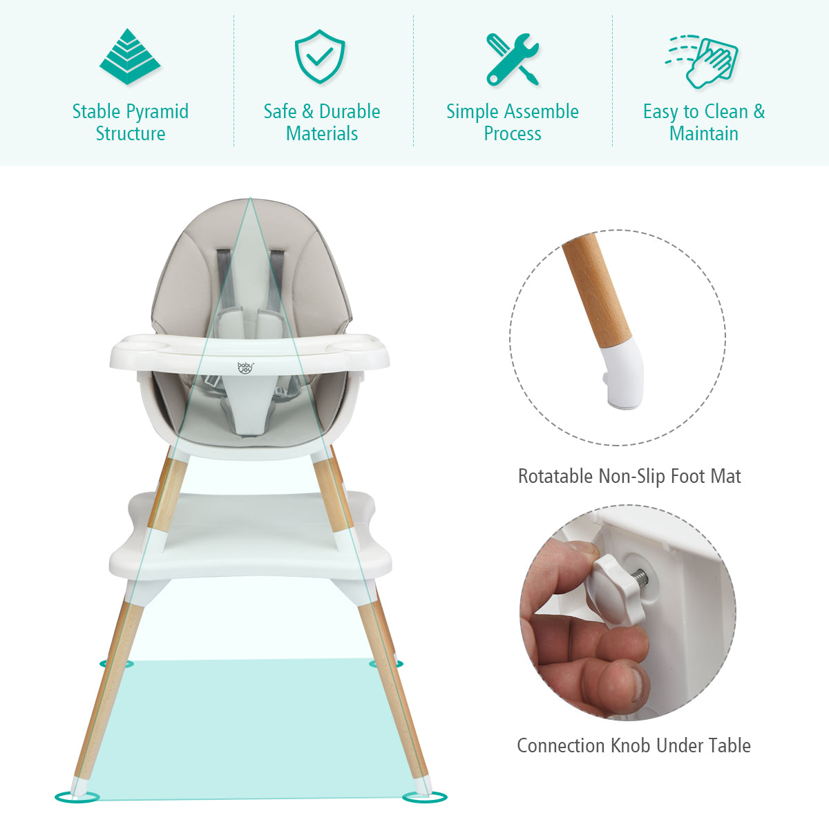 5-in-1 Baby Wooden Convertible High Chair -GrayÂ