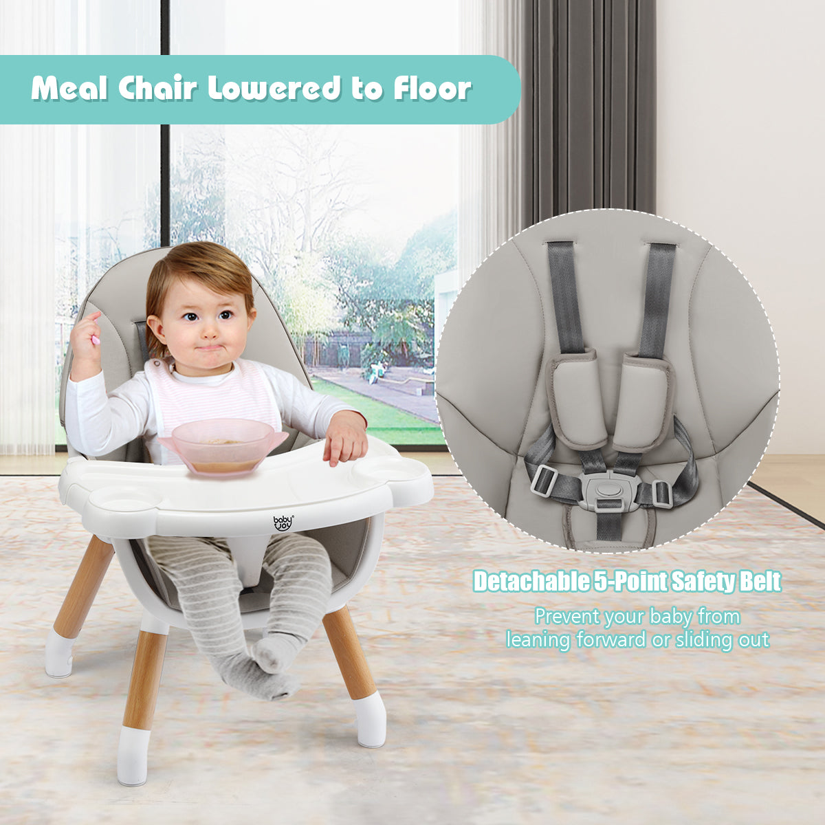 5-in-1 Baby Wooden Convertible High Chair -GrayÂ