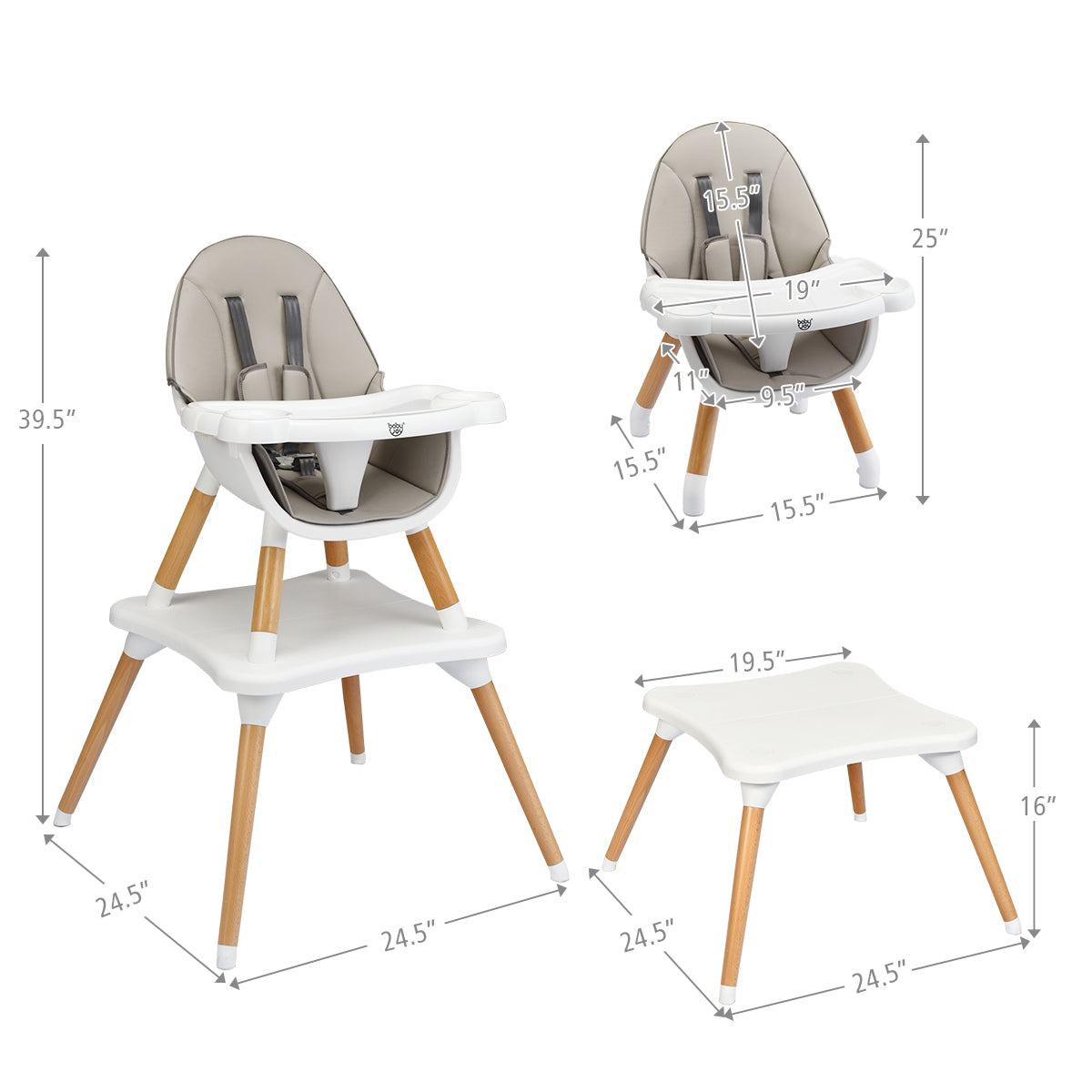 5-in-1 Baby Wooden Convertible High Chair -GrayÂ