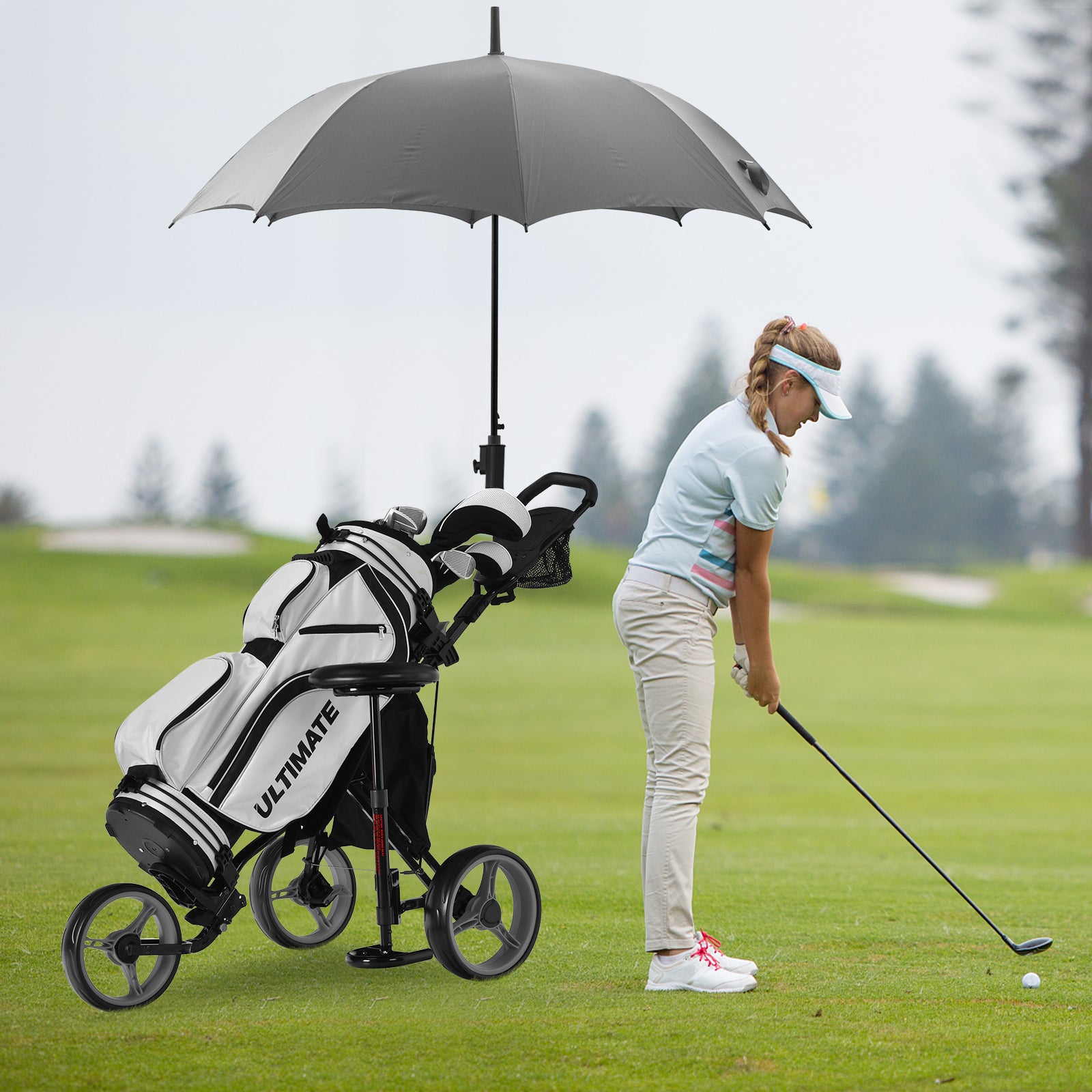 3 Wheels Folding Golf Push Cart with Seat Scoreboard and Adjustable Handle-GrayÂ