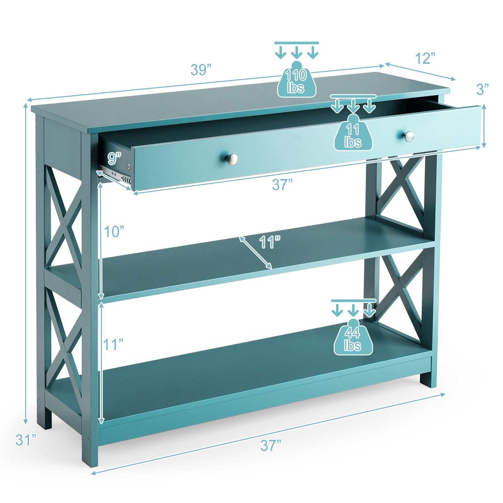 Console Table 3-Tier with Drawer and Storage Shelves-Turquoise