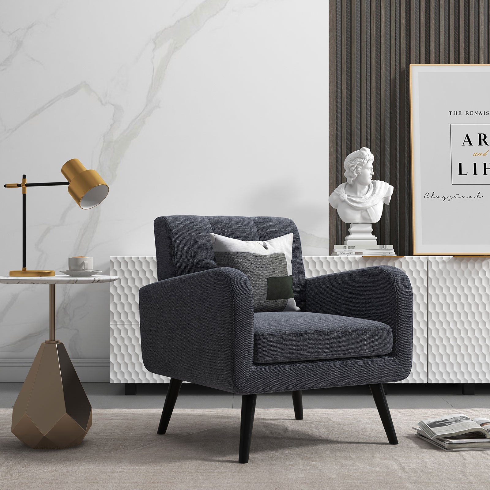 Modern Upholstered Comfy Accent Chair Single Sofa with Rubber Wood Legs-GrayÂ