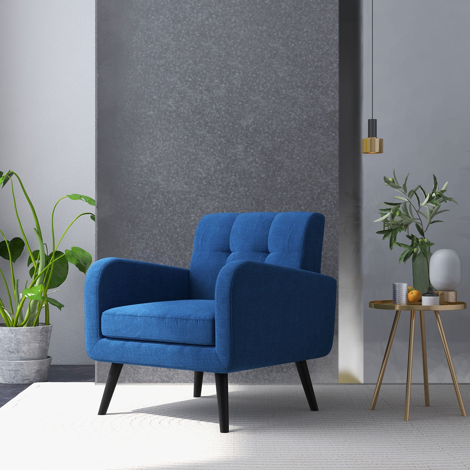 Modern Upholstered Comfy Accent Chair Single Sofa with Rubber Wood Legs-NavyÂ