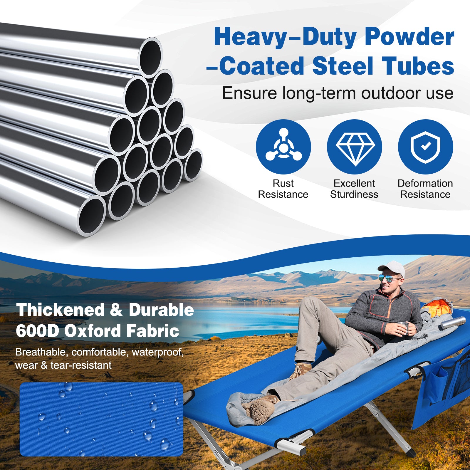 Folding Camping Cot Heavy-duty Camp Bed with Carry Bag-BlueÂ