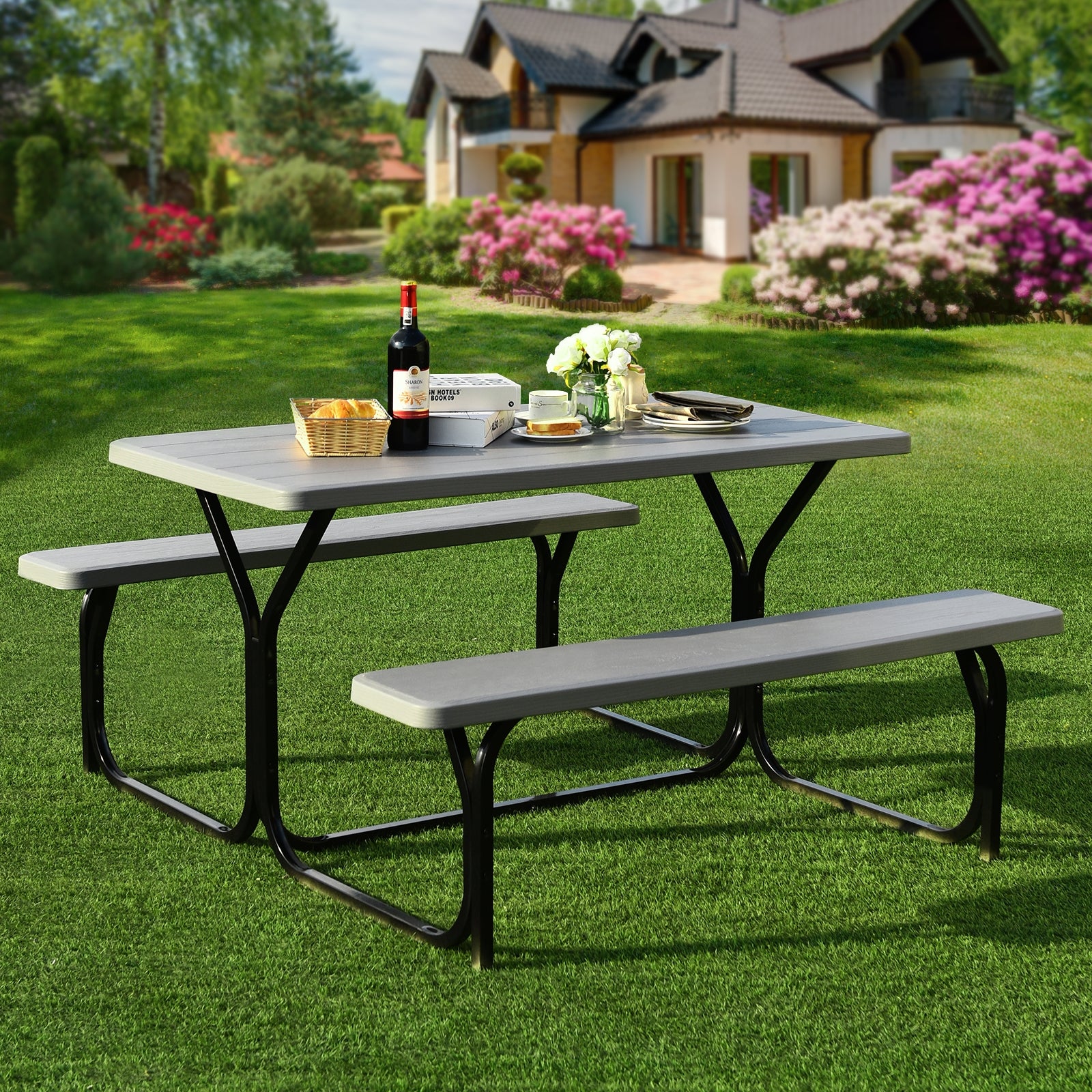 Picnic Table Bench Set for Outdoor Camping -GrayÂ