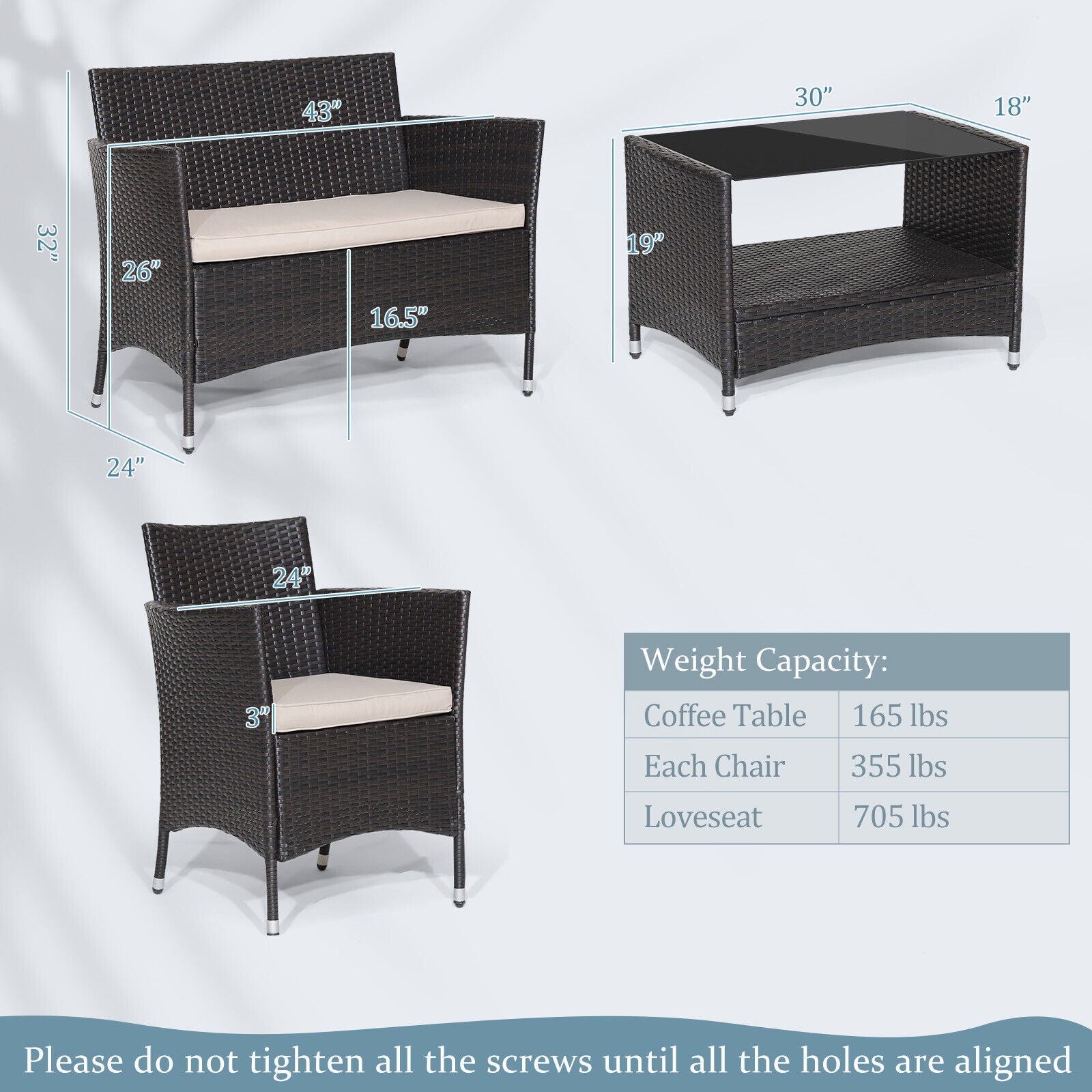 4 Pieces Patio Conversation Set with Soft Cushions and Tempered Glass TabletopÂ