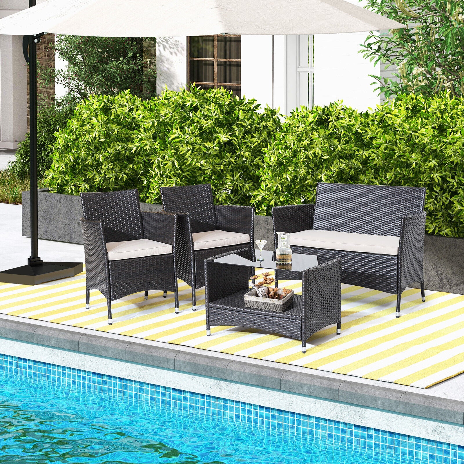4 Pieces Patio Conversation Set with Soft Cushions and Tempered Glass TabletopÂ