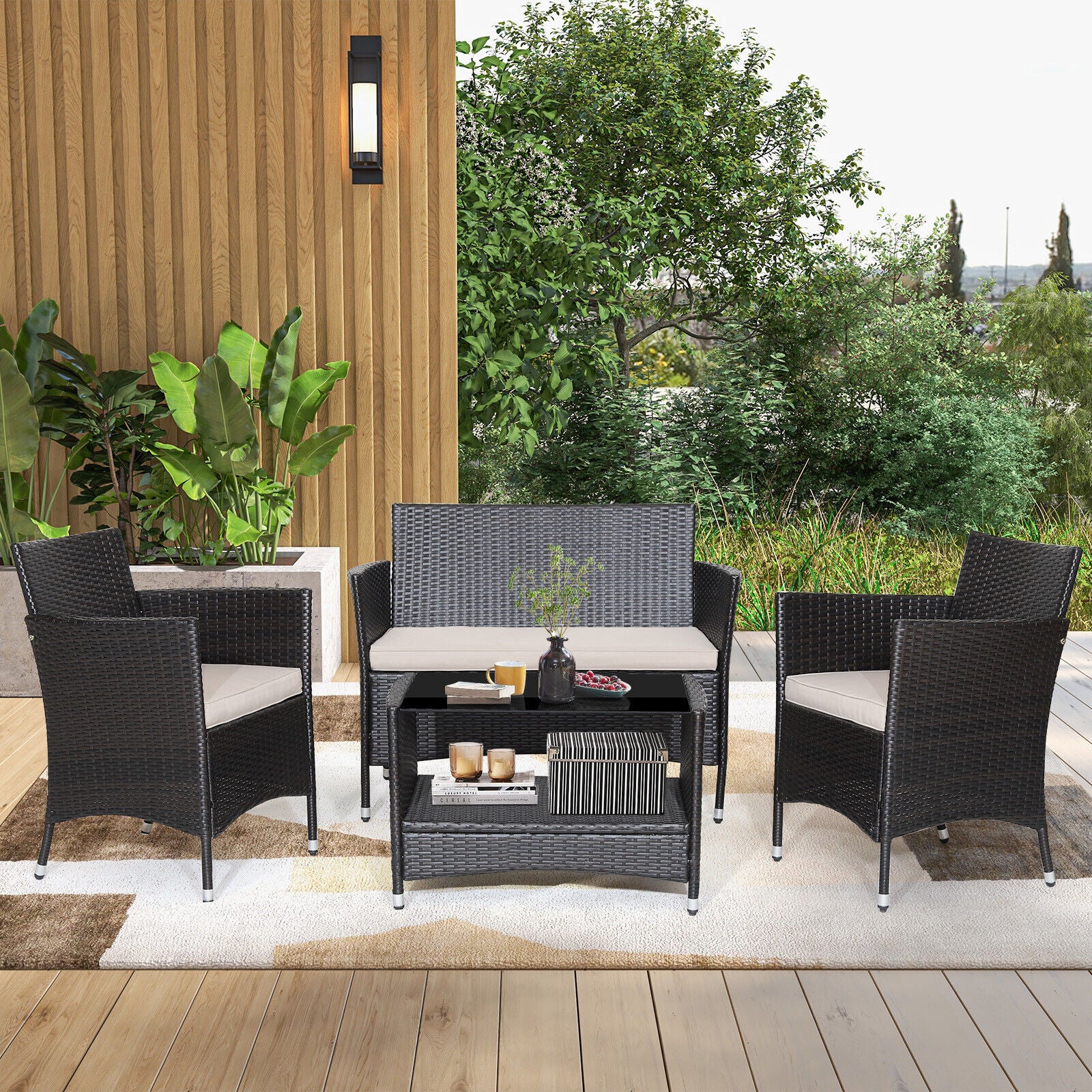 4 Pieces Patio Conversation Set with Soft Cushions and Tempered Glass TabletopÂ