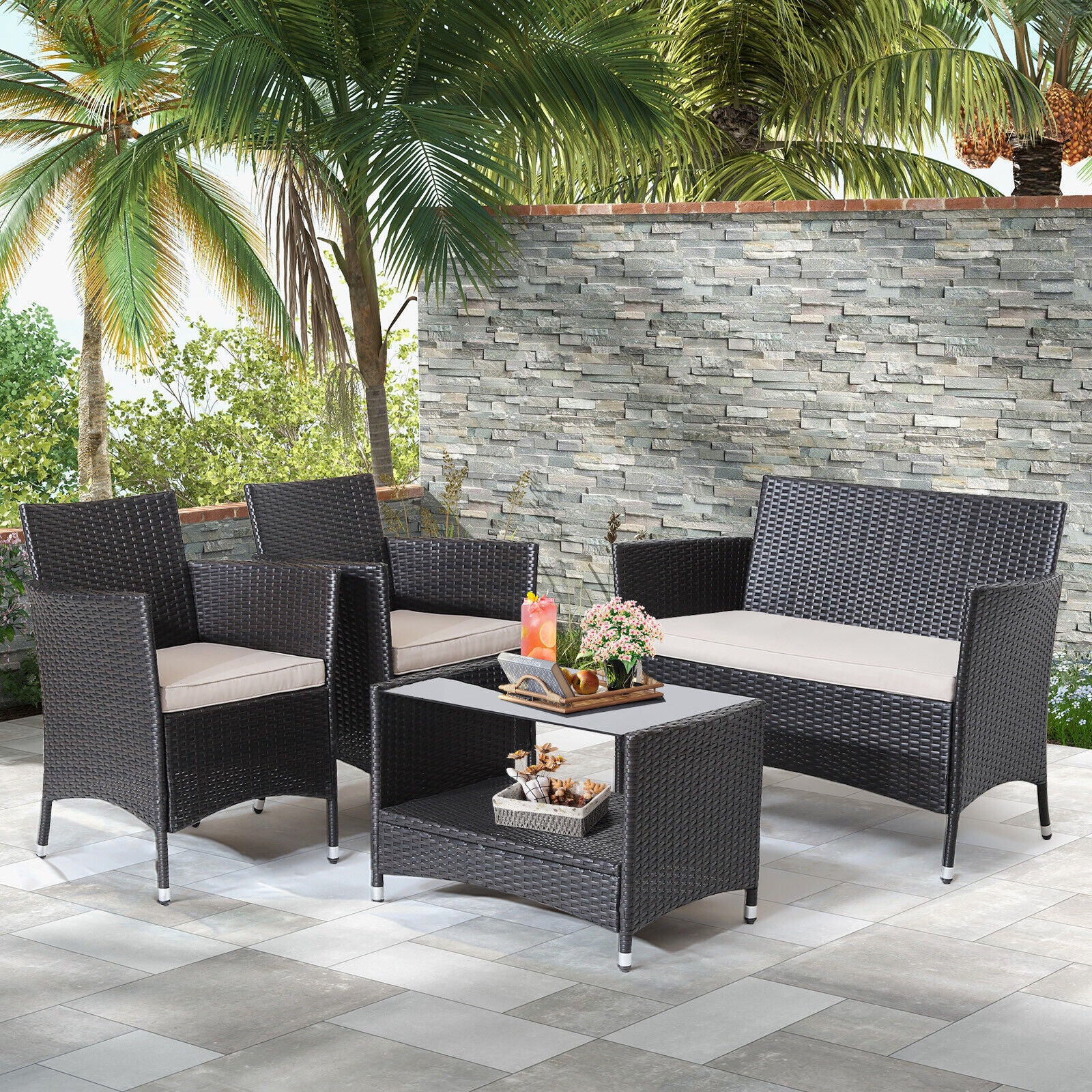 4 Pieces Patio Conversation Set with Soft Cushions and Tempered Glass TabletopÂ