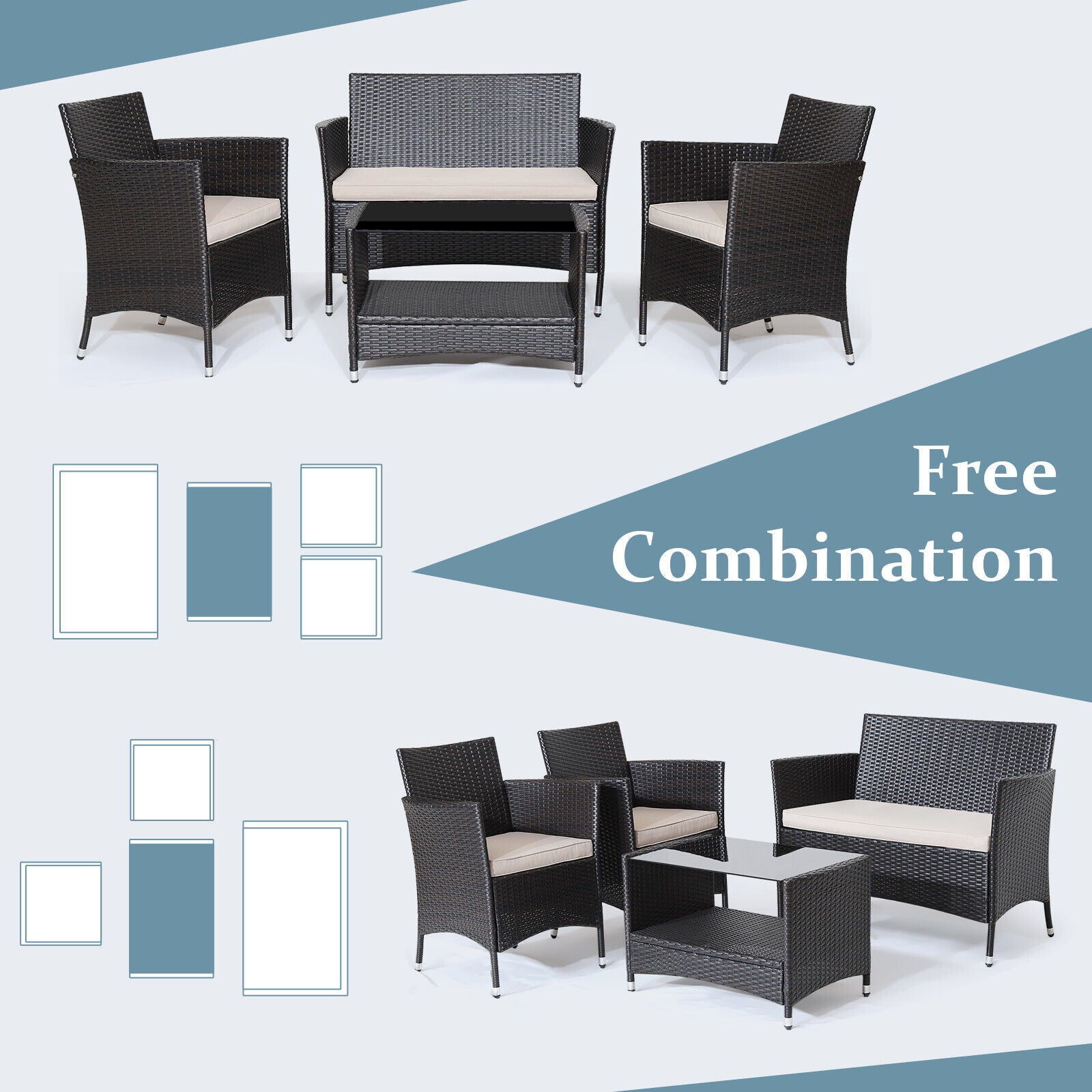 4 Pieces Patio Conversation Set with Soft Cushions and Tempered Glass TabletopÂ