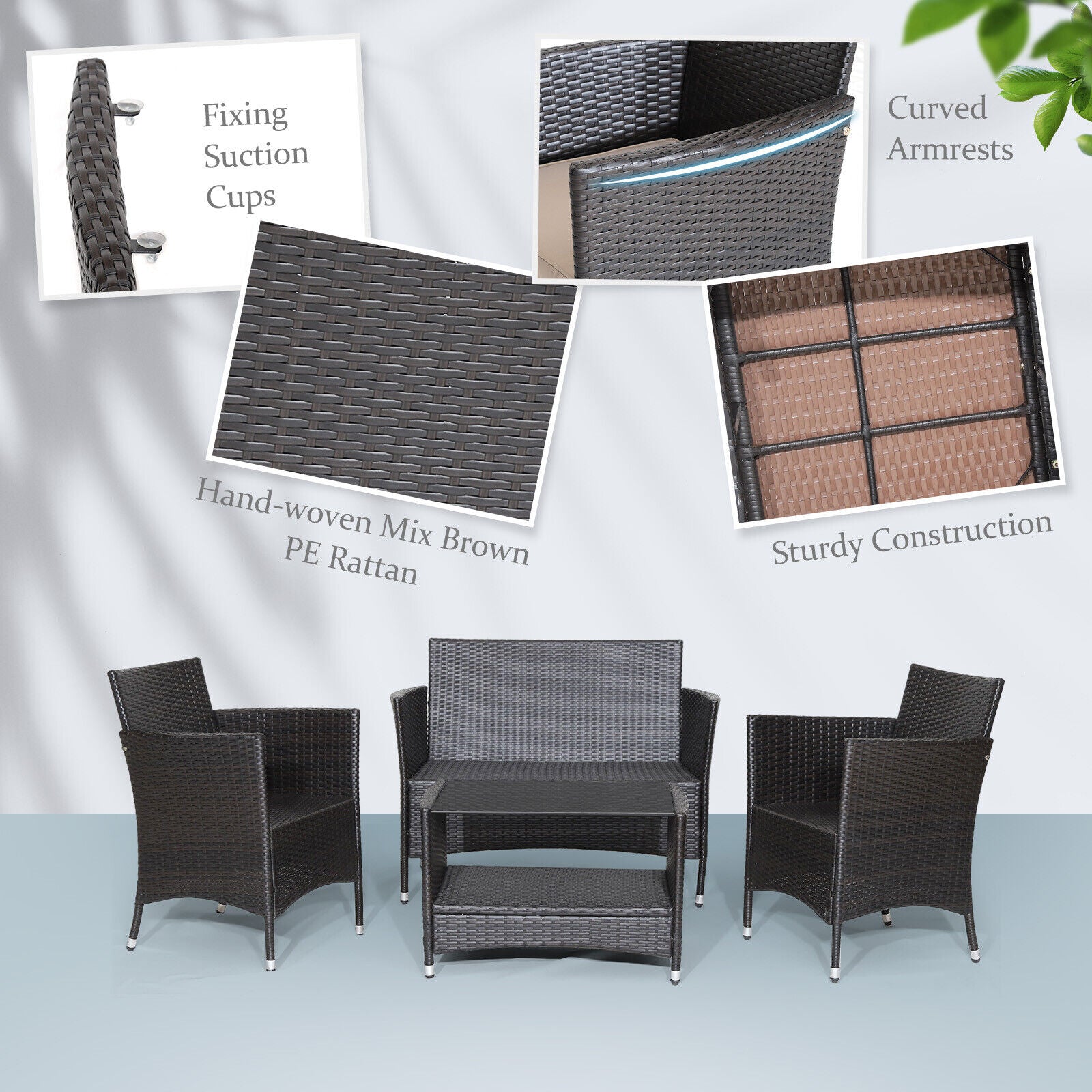 4 Pieces Patio Conversation Set with Soft Cushions and Tempered Glass TabletopÂ