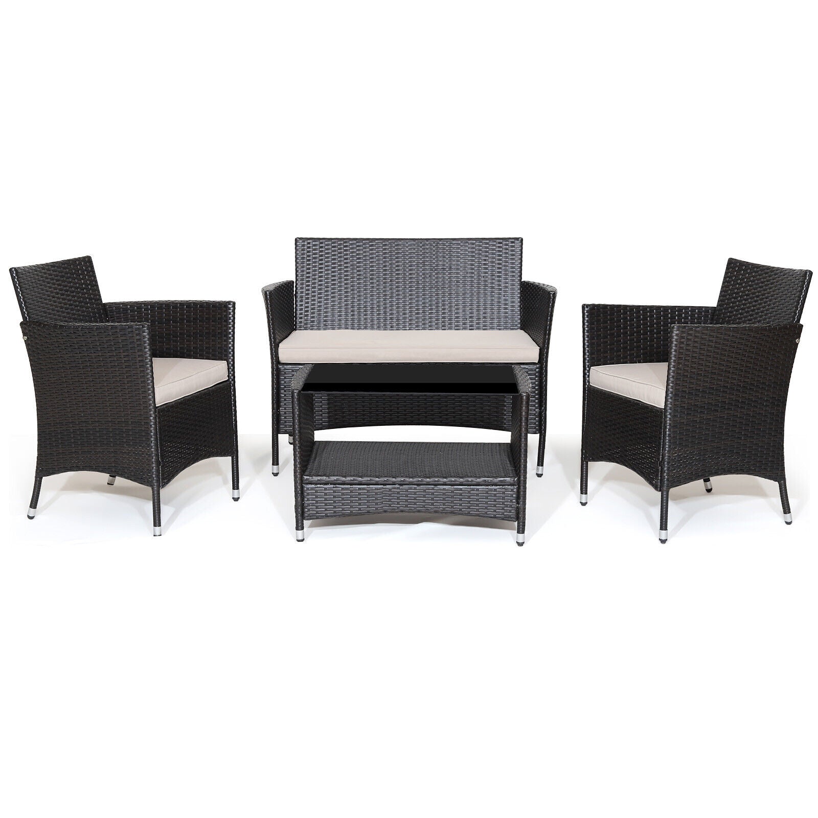 4 Pieces Patio Conversation Set with Soft Cushions and Tempered Glass TabletopÂ