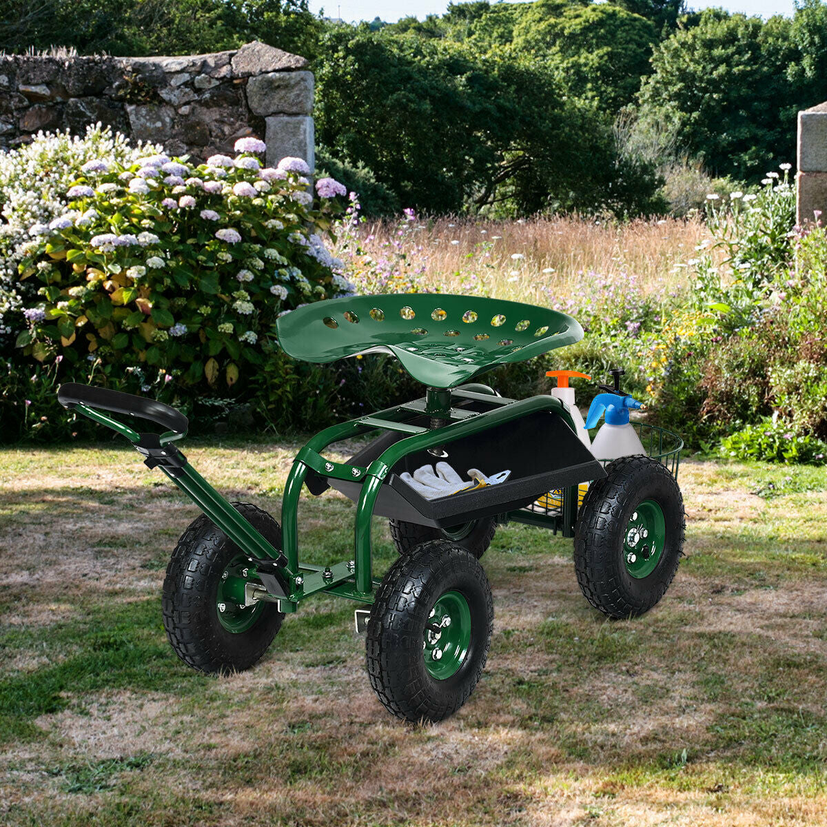 Heavy Duty Garden Cart with Tool Tray and 360 Swivel SeatÂ